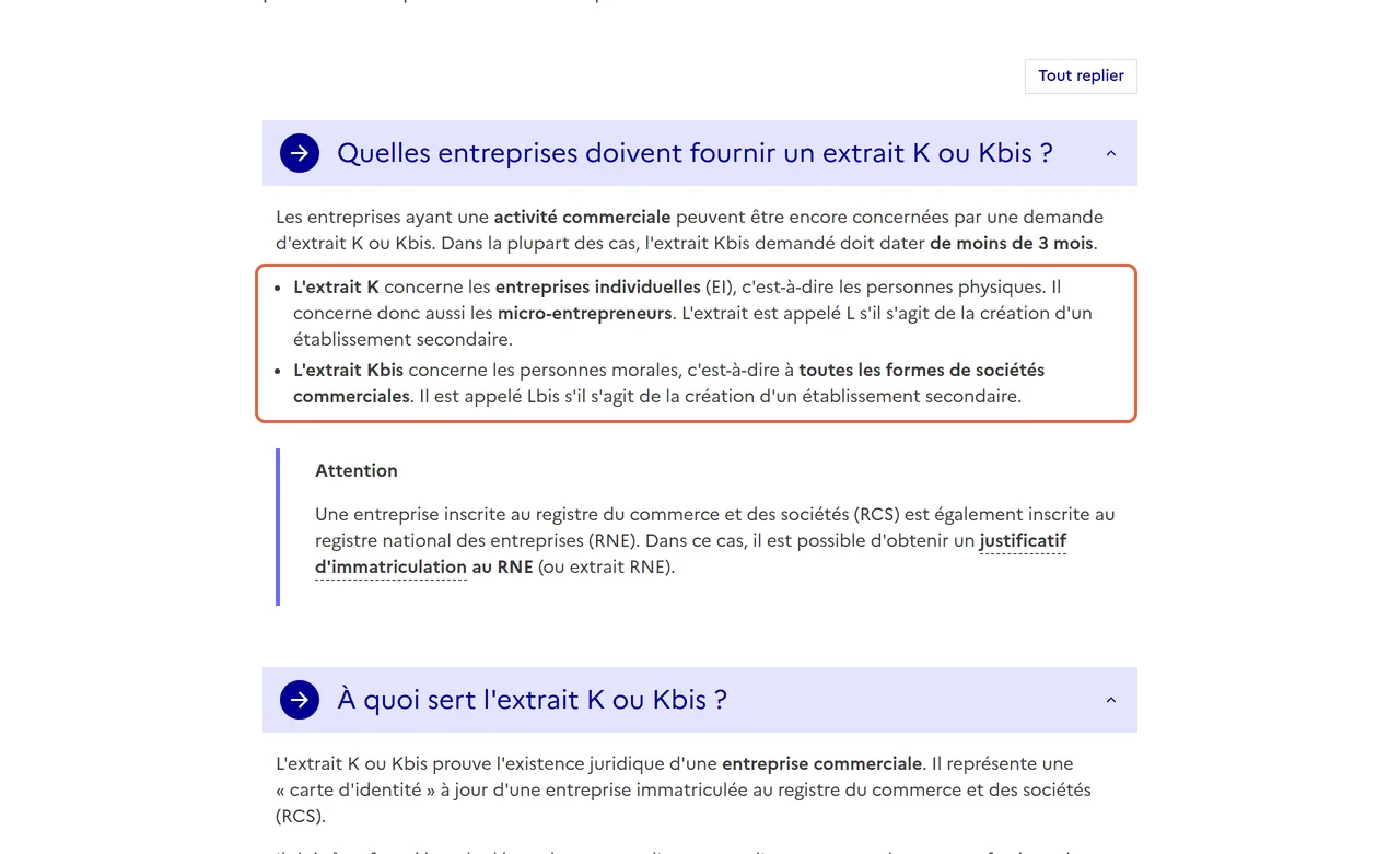 Kbis, c’est quoi selon Service Public : les deux puces encadrées expliquent que l’extrait K concerne les entreprises individuelles, dont les micro-entrepreneurs, et que l’extrait Kbis concerne les sociétés commerciales