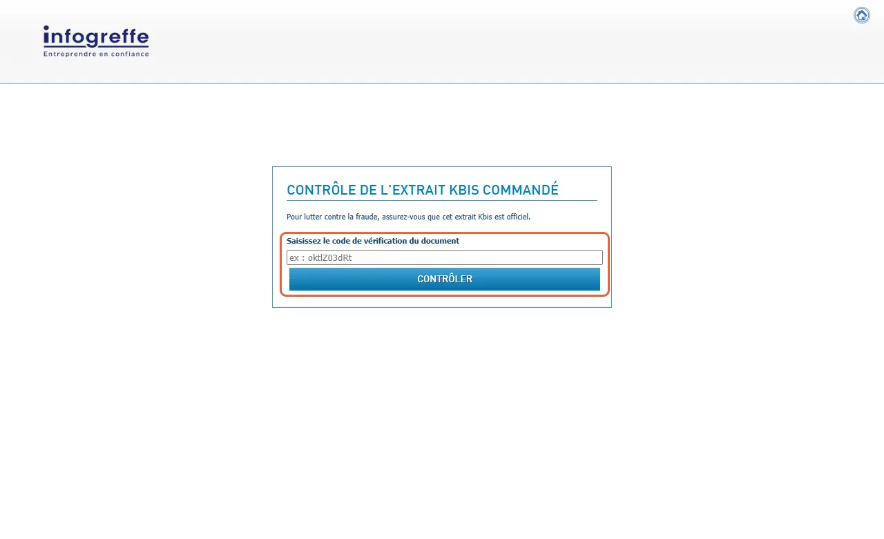 Service de contrôle de l’extrait Kbis sur controle.infogreffe.fr : le champ encadré attend le code de vérification du document, avec le bouton Contrôler
