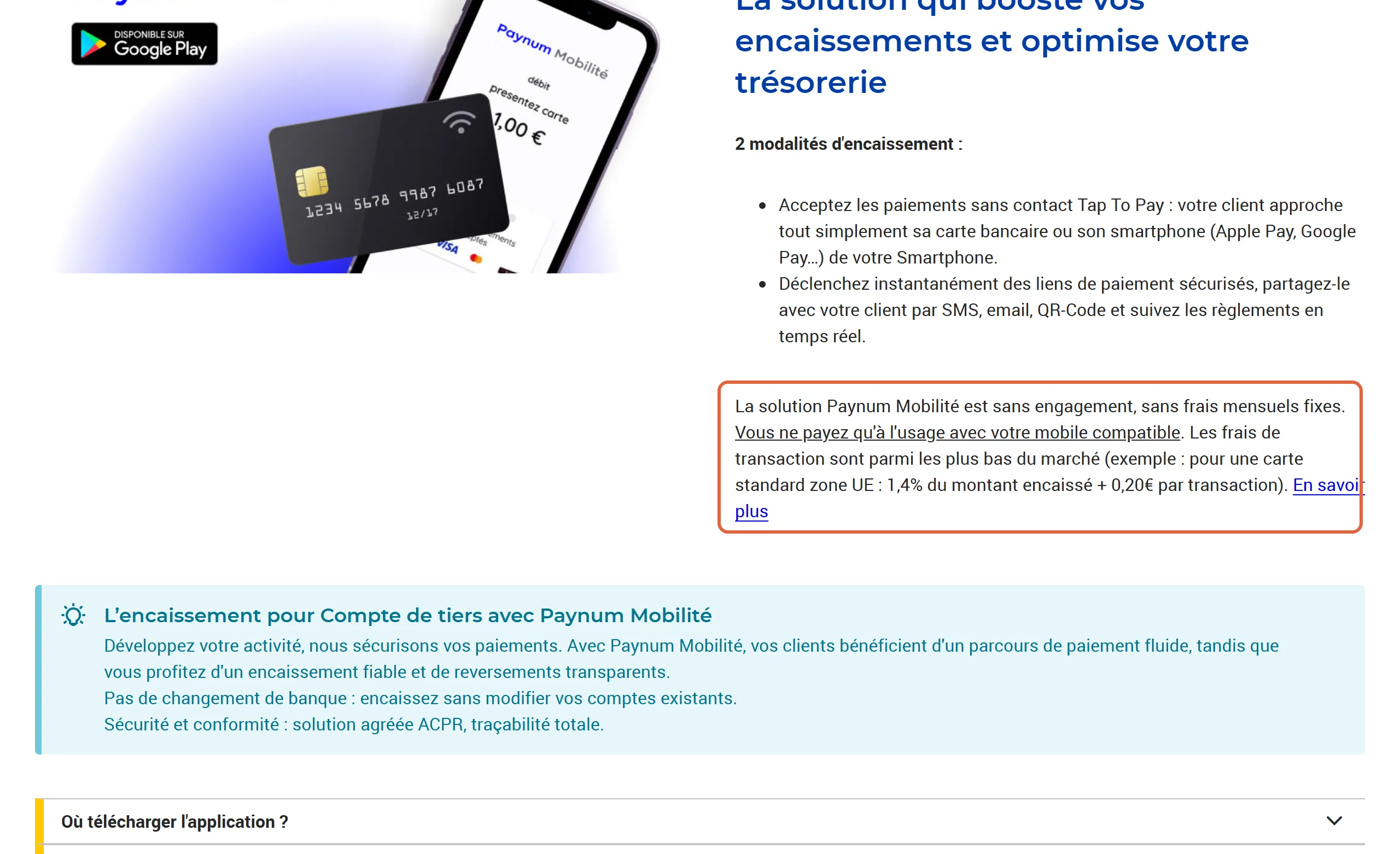 Page Paynum Mobilité de La Poste : le paragraphe sans engagement ni frais mensuels fixes, avec 1,4 % + 0,20 € par transaction, est encadré