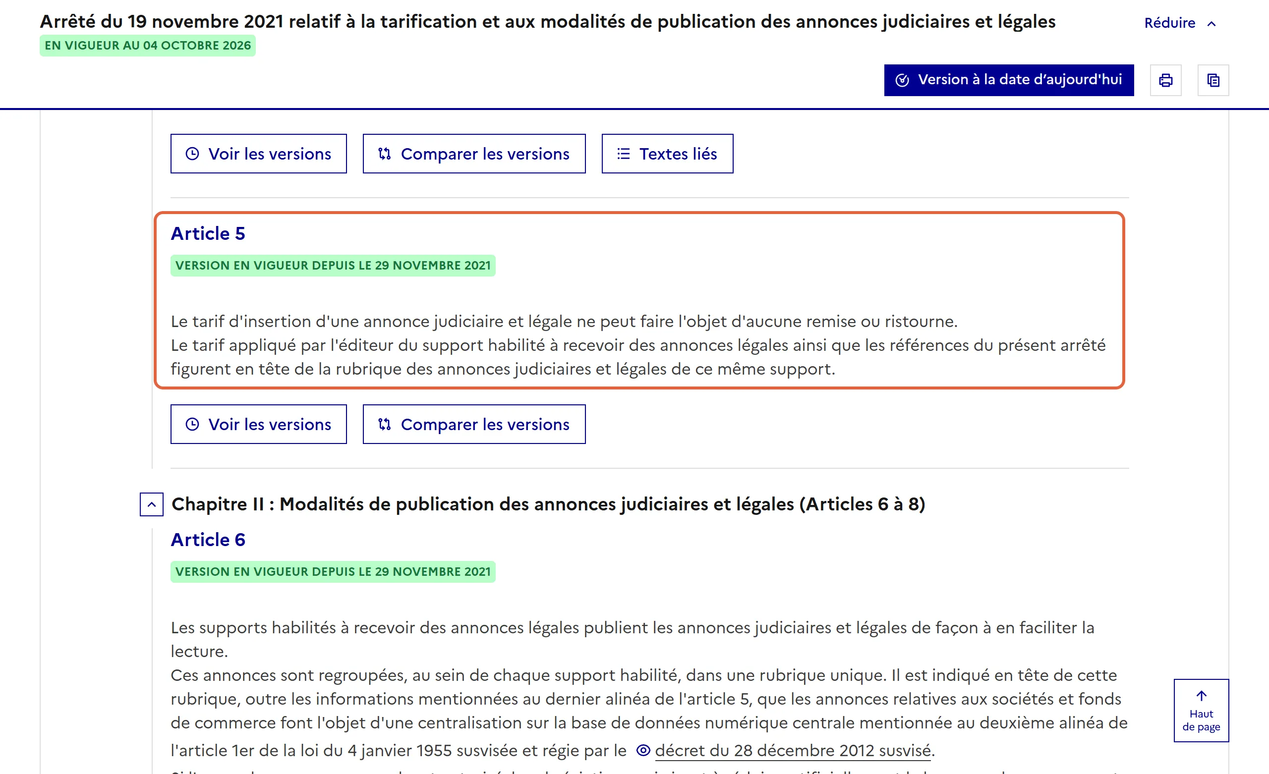Article 5 de l’arrêté du 19 novembre 2021 sur Légifrance, en vigueur au 4 octobre 2026 : le paragraphe encadré interdit toute remise ou ristourne sur le tarif d’une annonce légale
