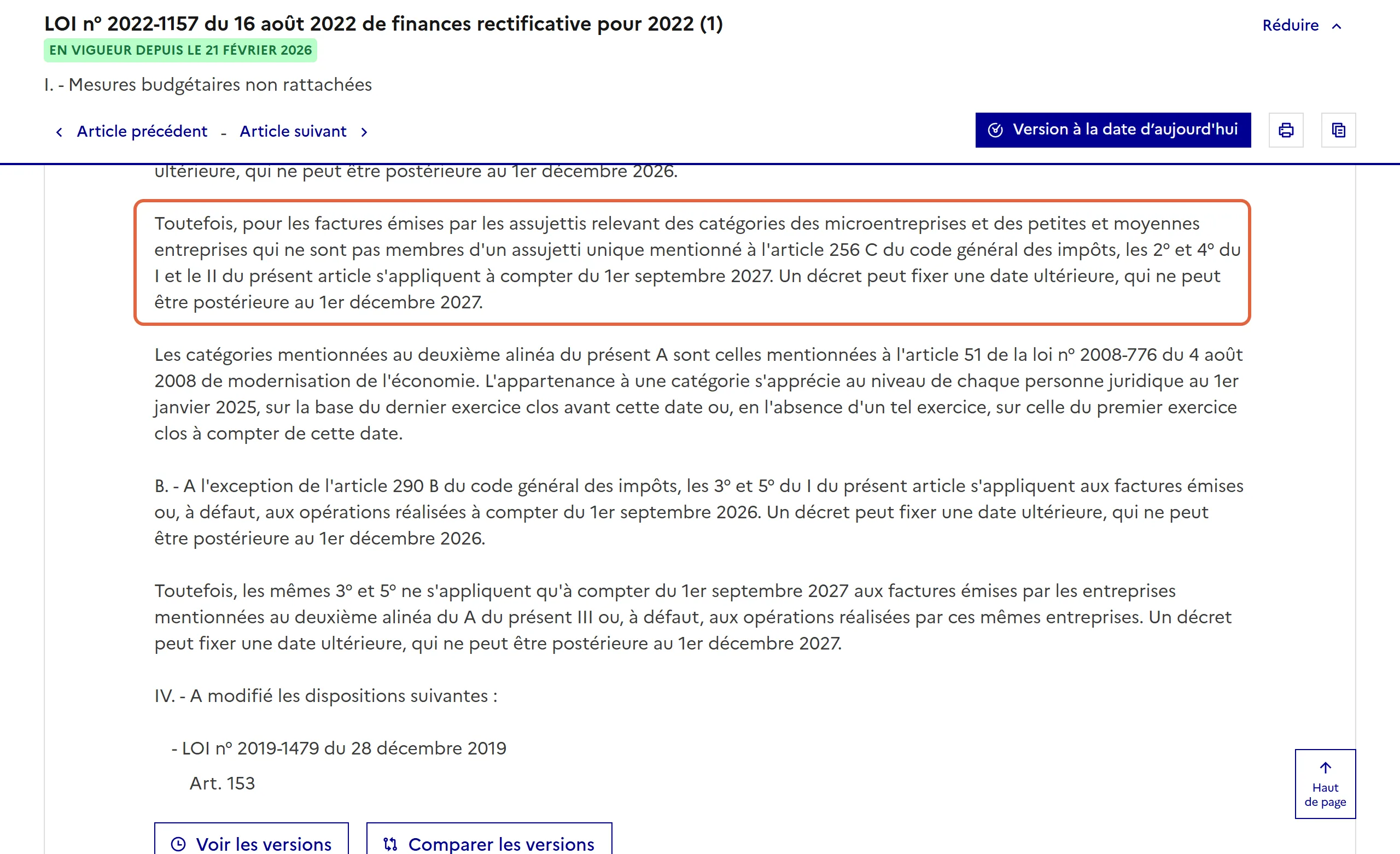 Article 26 de la loi du 16 août 2022 sur Légifrance, version en vigueur depuis le 21 février 2026 : l’alinéa encadré fixe le 1er septembre 2027 pour les microentreprises et les PME et autorise un décret à repousser la date jusqu’au 1er décembre 2027
