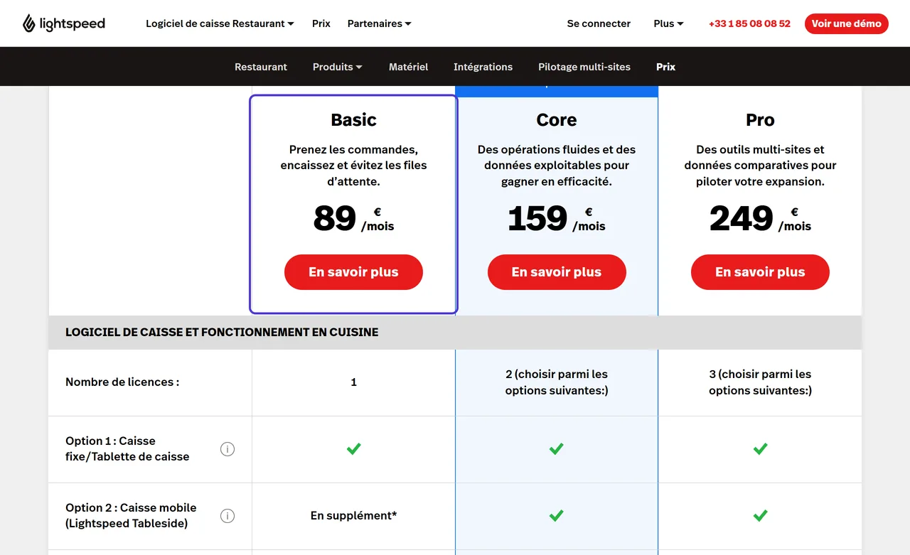 Page des prix de Lightspeed Restaurant : la colonne de la formule Basic à 89 € par mois est encadrée, à côté des formules Core à 159 € et Pro à 249 €