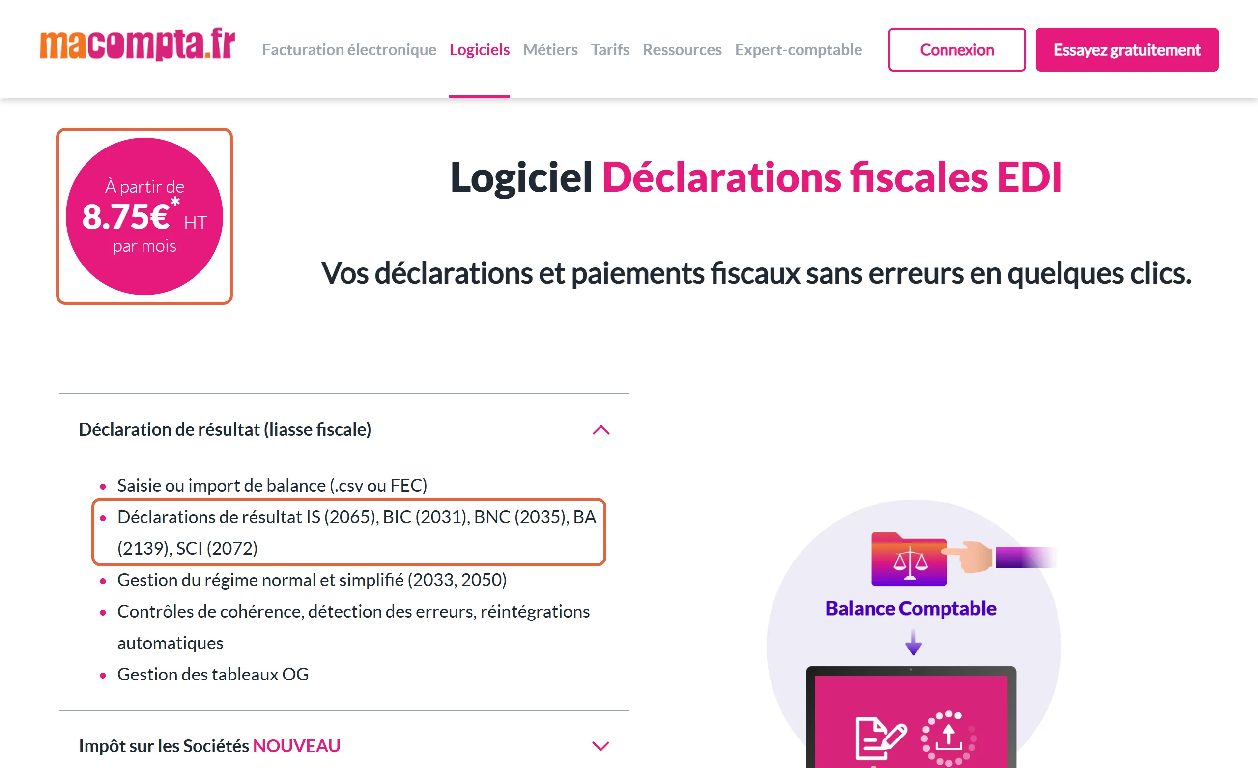 Page du logiciel Déclarations fiscales EDI de Macompta.fr : le prix à partir de 8,75 € HT par mois et la ligne des déclarations de résultat IS (2065) et SCI (2072) sont encadrés