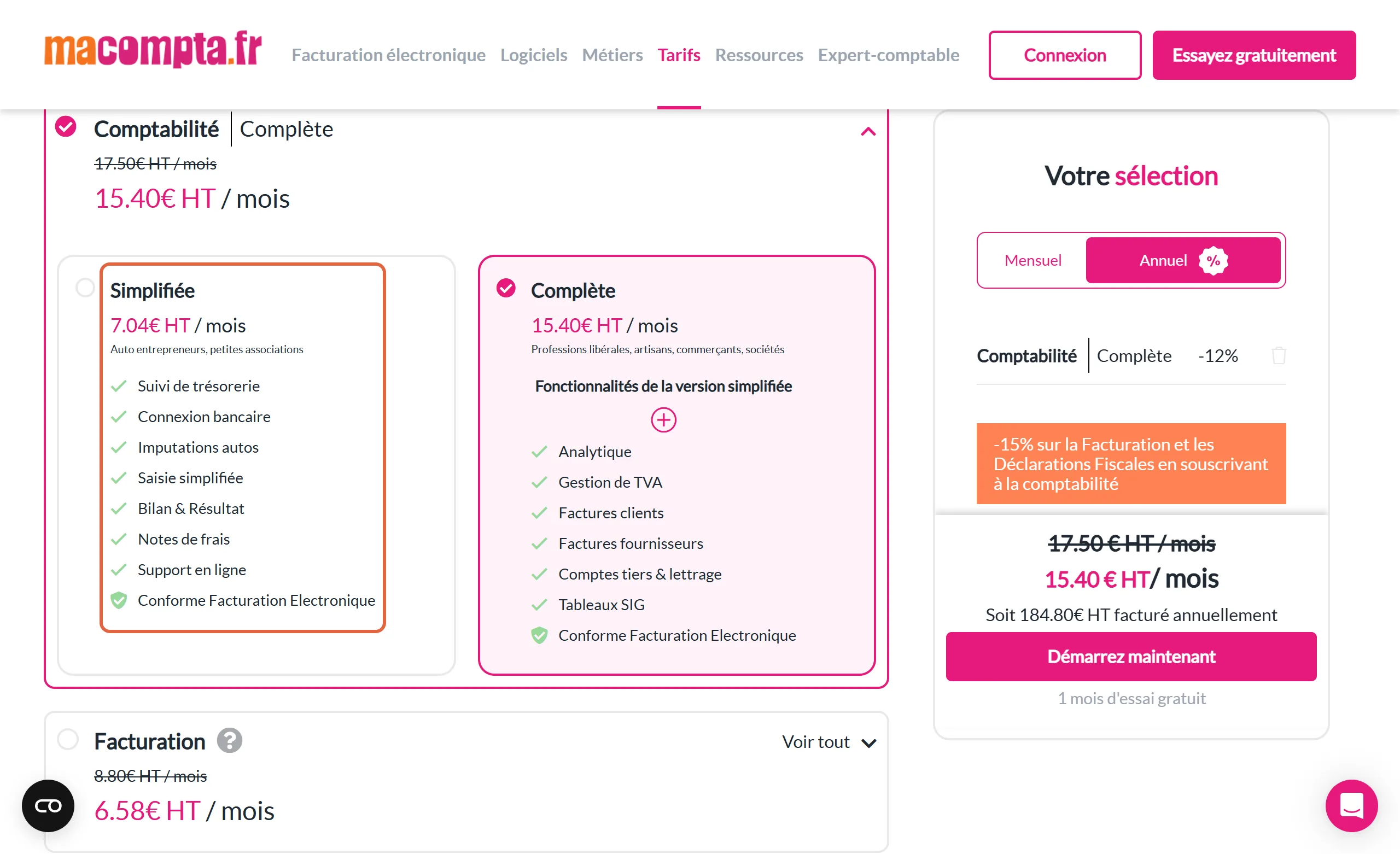 Page de tarifs de Macompta.fr, option Annuel : la comptabilité Simplifiée à 7,04 € HT par mois, pour auto-entrepreneurs et petites associations, est encadrée à côté de la version Complète
