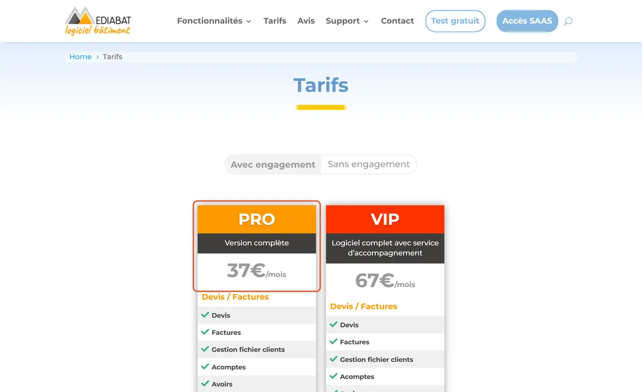Page de tarifs de Mediabat, onglet Avec engagement : la formule PRO, version complète à 37 € par mois, est encadrée, à côté de la formule VIP à 67 €