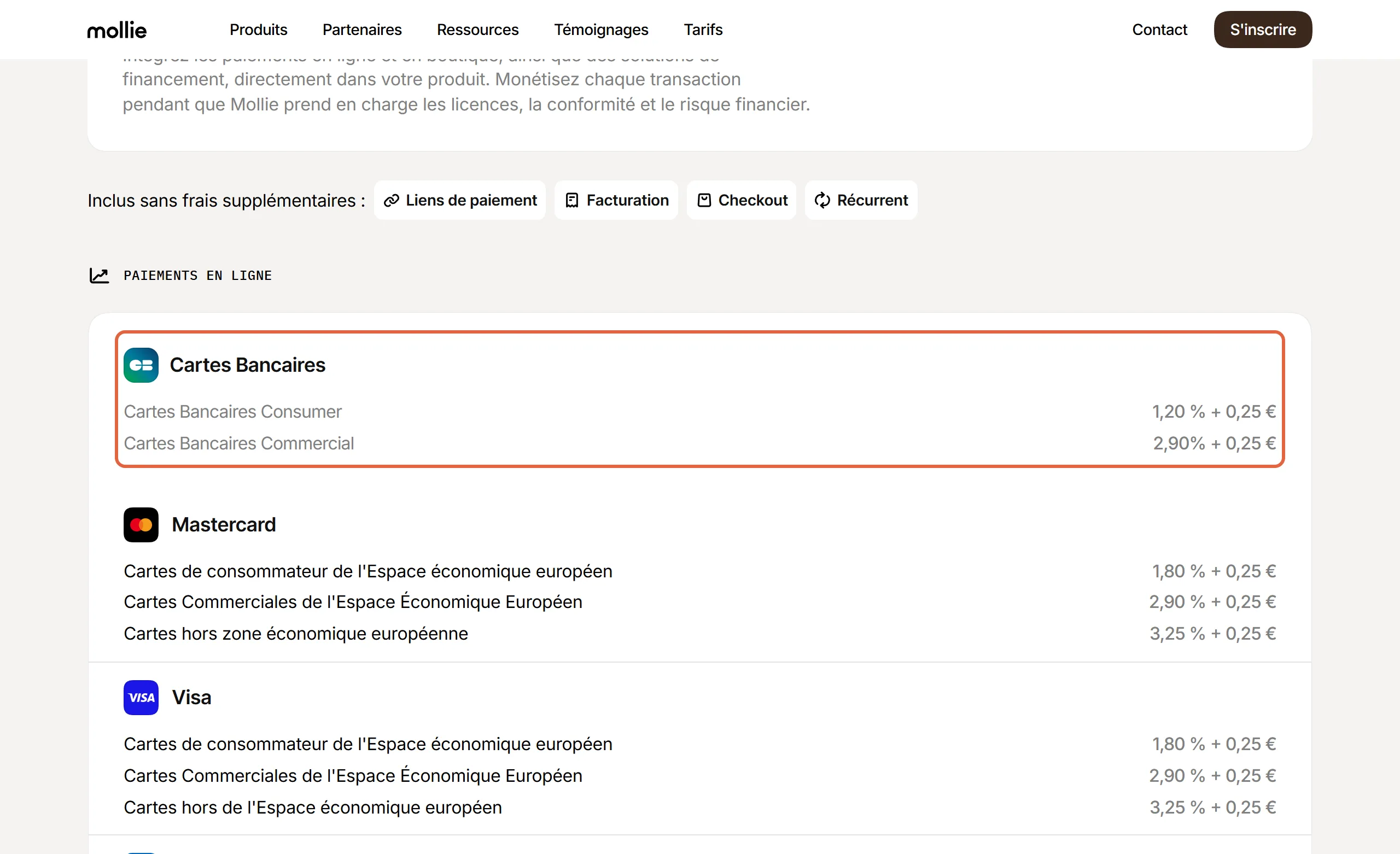 Page de tarifs de Mollie, frais d'un lien de paiement en ligne : le bloc Cartes Bancaires est encadré, Consumer à 1,20 % + 0,25 € et Commercial à 2,90 % + 0,25 €