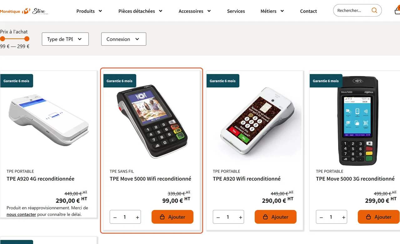 Page des TPE reconditionnés de monetique-store.fr : la carte du Move 5000 Wifi reconditionné, garantie 6 mois, à 99,00 € HT au lieu de 339,00 € HT, est encadrée