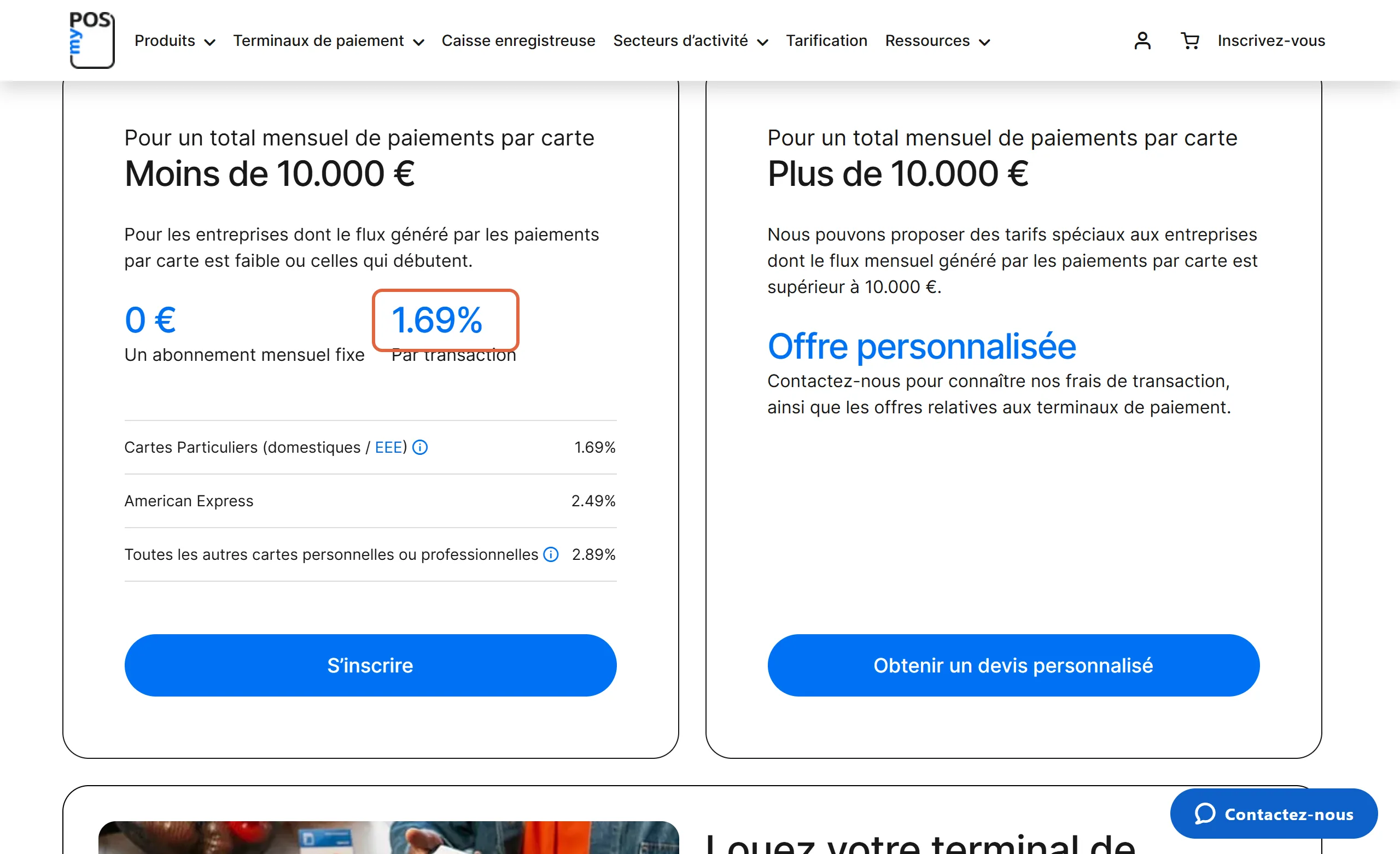 Page des tarifs myPOS : pour moins de 10 000 € de paiements par mois, l'abonnement de 0 € et la commission de 1,69 % par transaction sont encadrés