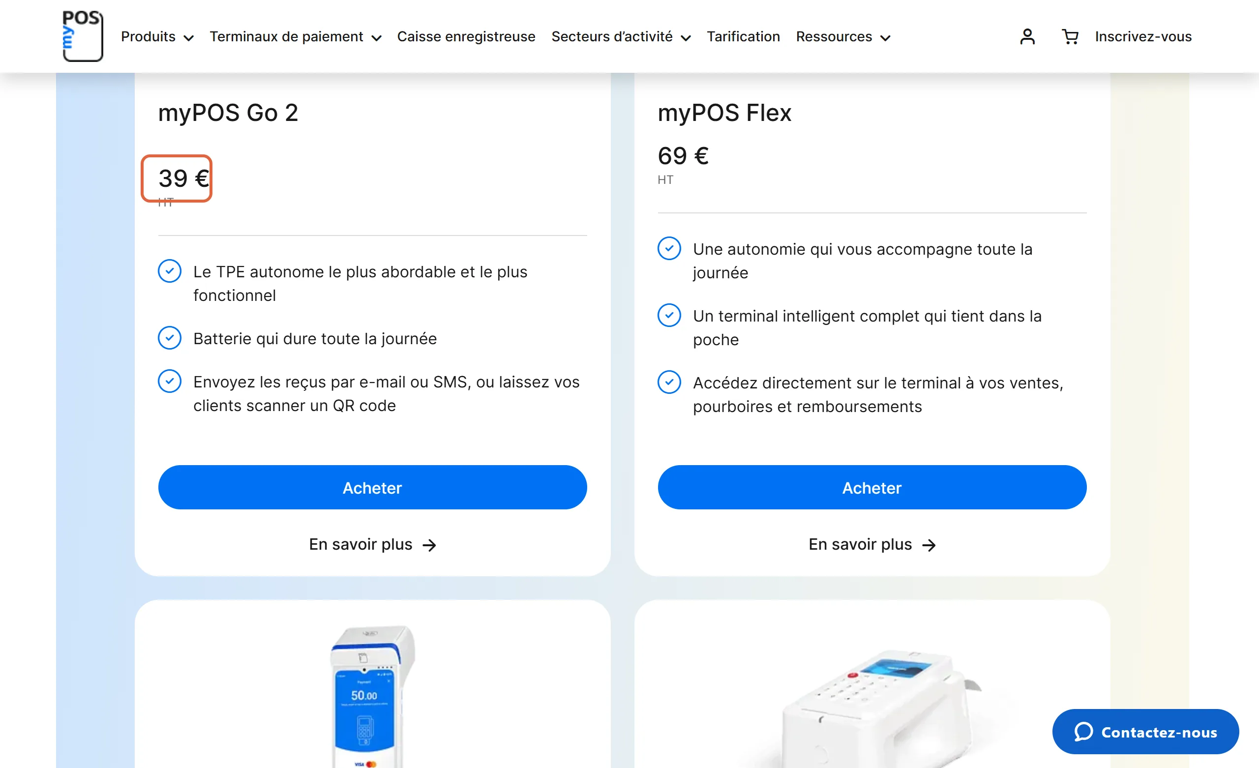 Page des terminaux de paiement myPOS : la carte du myPOS Go 2 à 39 € HT est encadrée, à côté du myPOS Flex à 69 € HT