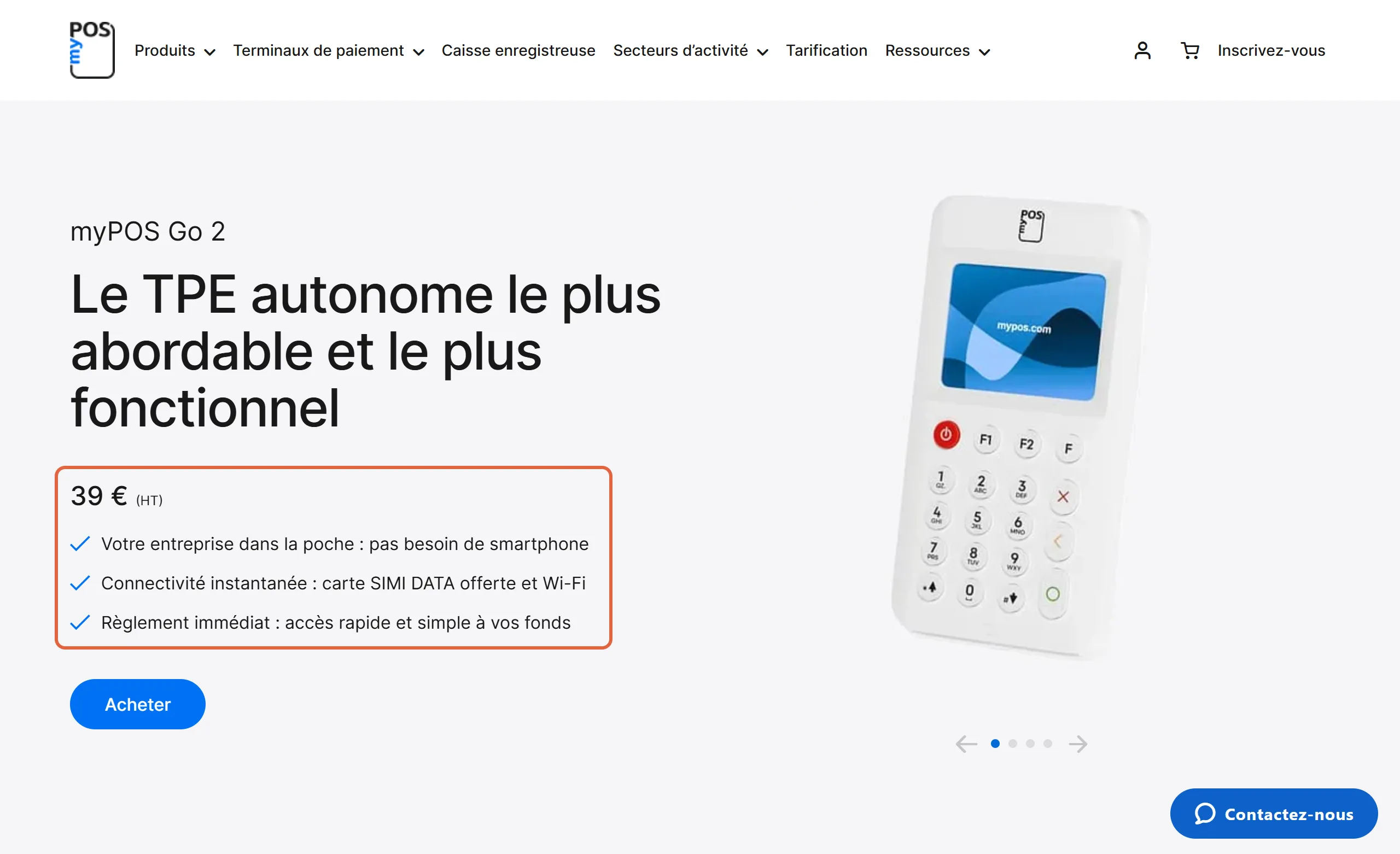 Page du TPE portable myPOS Go 2 : le prix de 39 € HT et la carte SIM data offerte avec le Wi-Fi sont encadrés