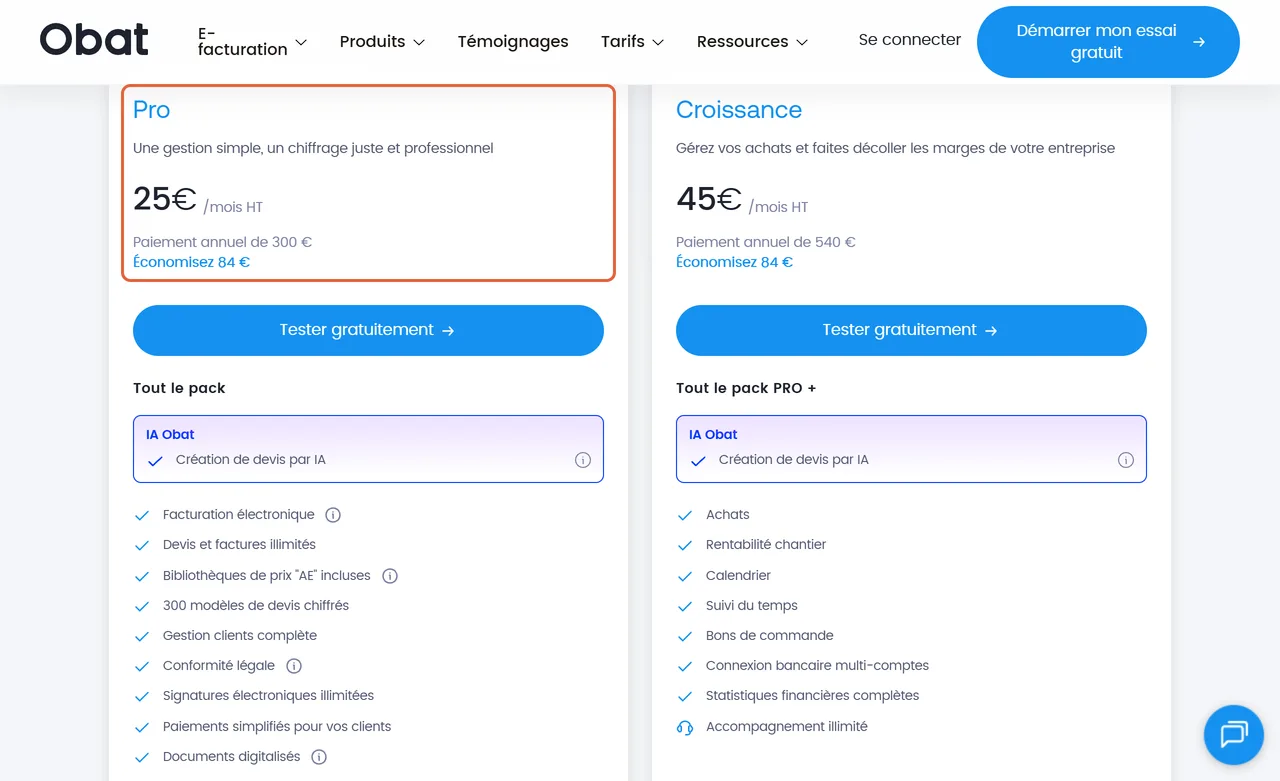 Page de tarifs d’Obat, onglet Micro-entreprise en paiement annuel : la formule Pro à 25 € par mois HT, soit 300 € par an, est encadrée