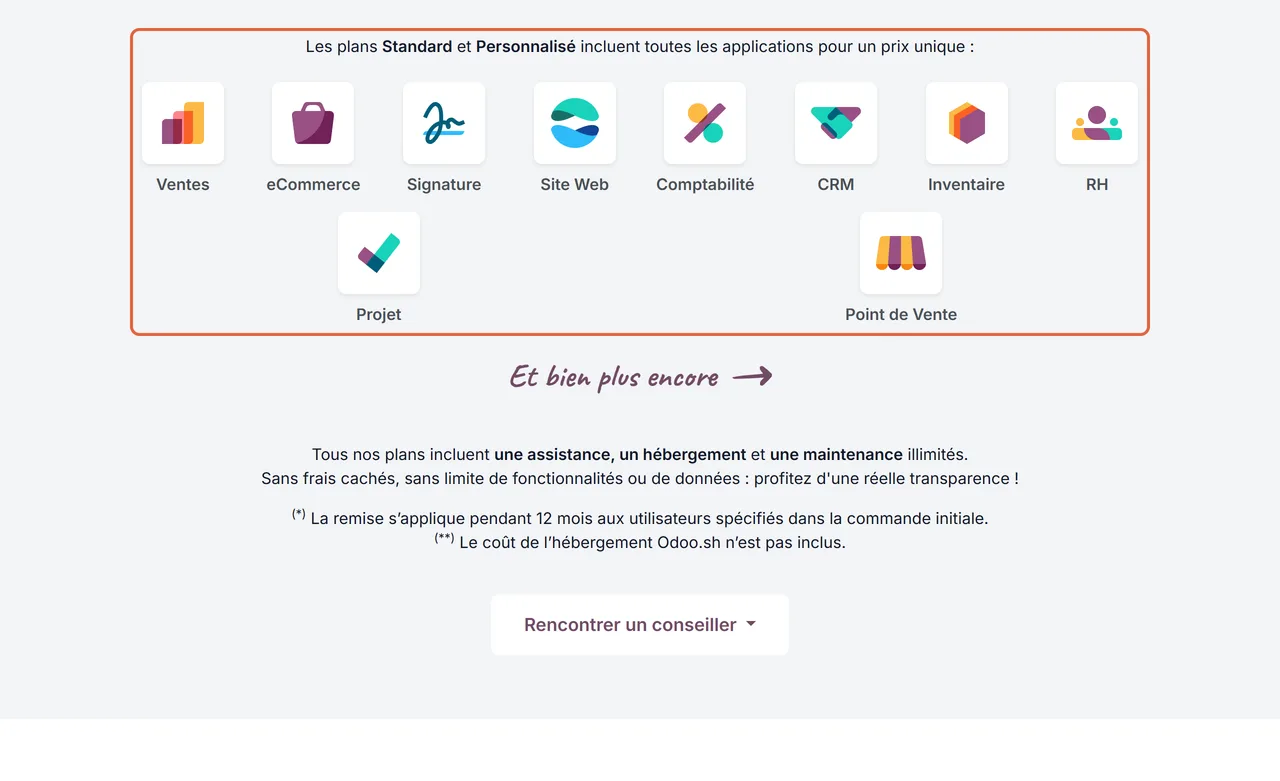 Page de tarifs d’Odoo : la liste des applications incluses dans les formules Standard et Personnalisé, de Ventes à Point de Vente, est encadrée