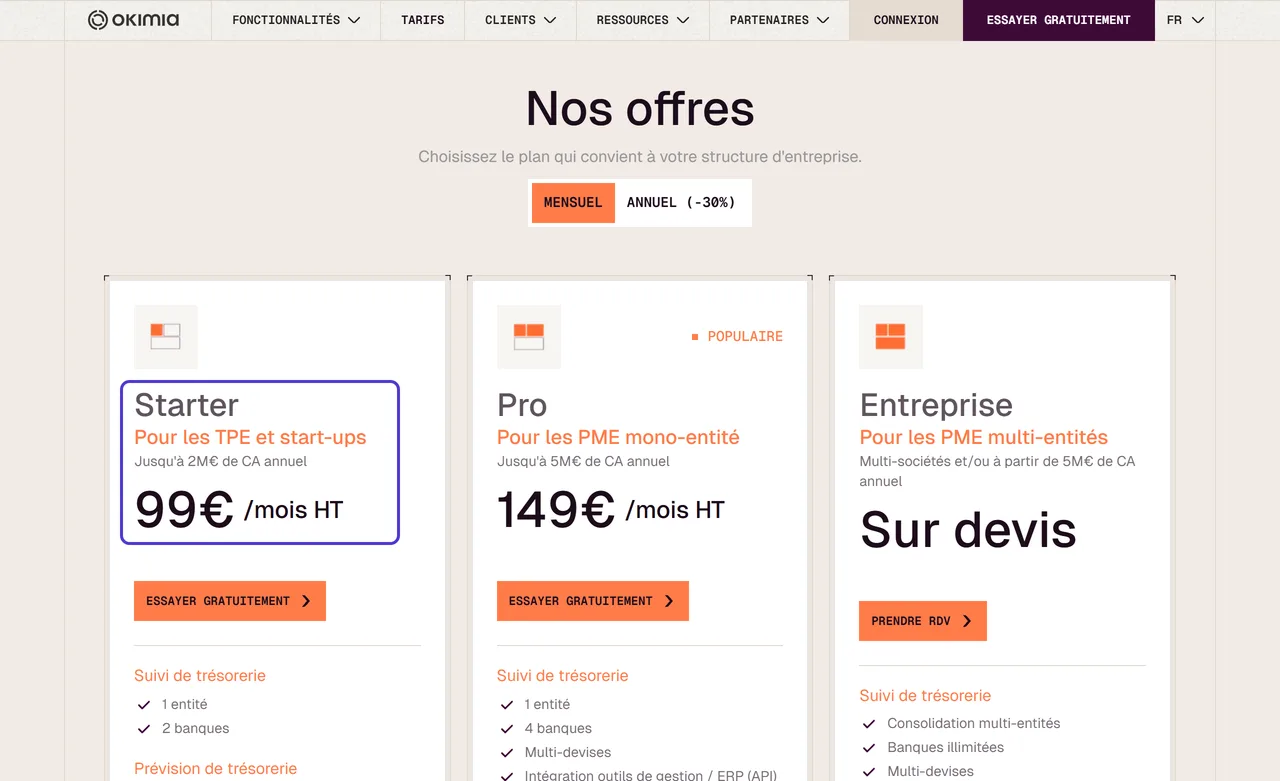 Page de tarifs d’Okimia, option Mensuel : la formule Starter pour les TPE et start-ups, à 99 € HT par mois, est encadrée à côté des formules Pro et Entreprise