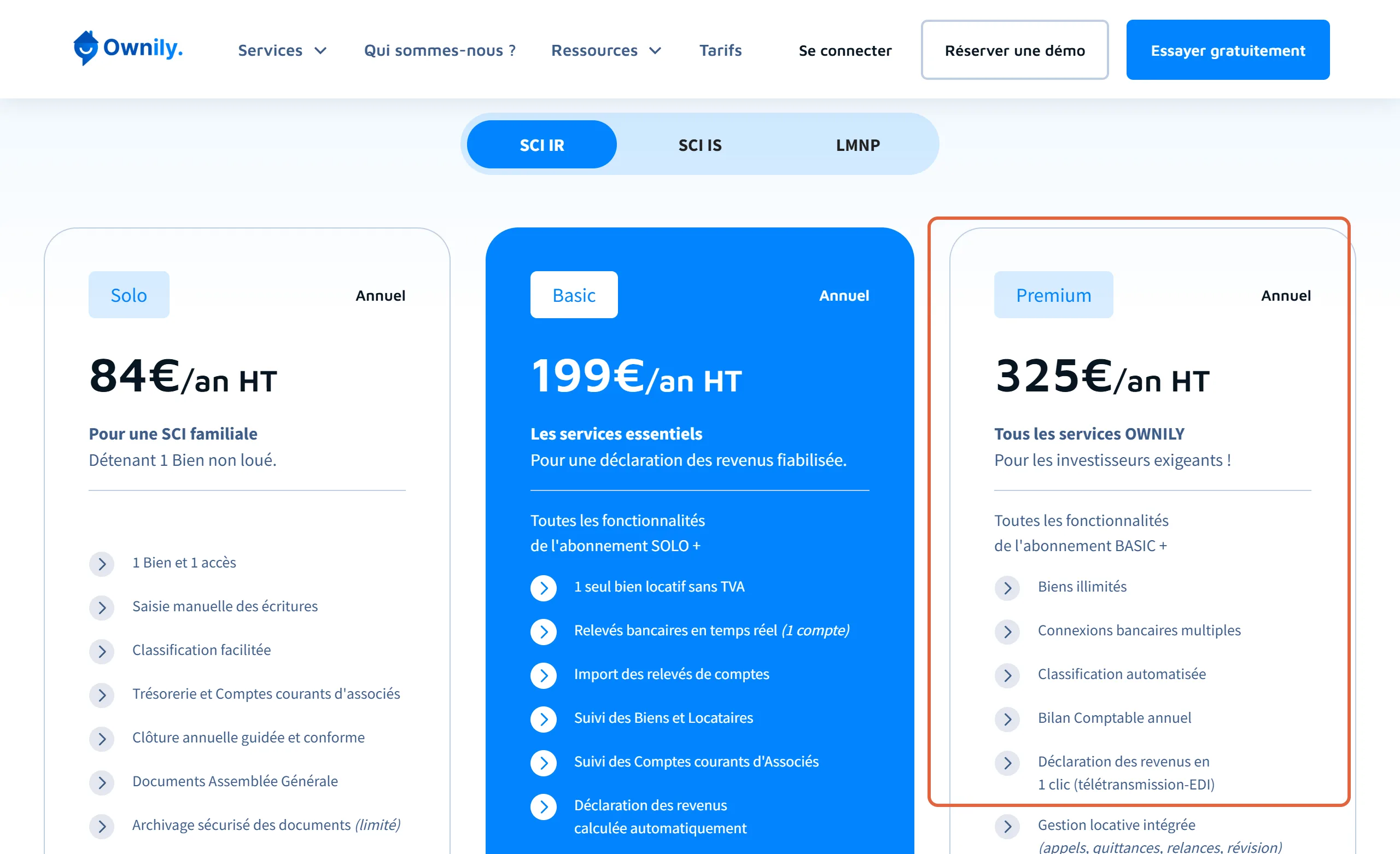 Page de tarifs d’Ownily, onglet SCI IR : la formule Premium à 325 € HT par an est encadrée, jusqu’à la ligne « Déclaration des revenus en 1 clic (télétransmission-EDI) »