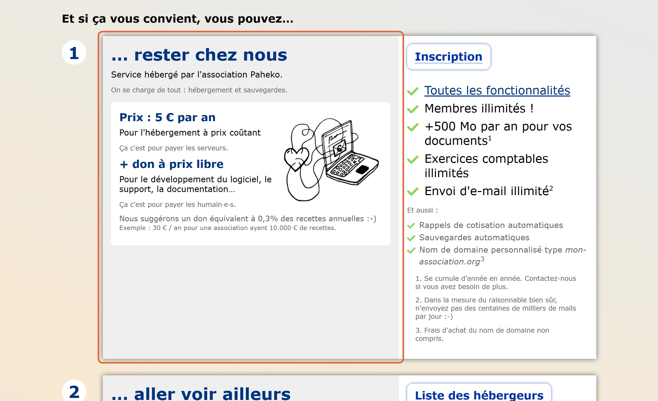 Page « Offre et tarifs » de Paheko : le bloc « rester chez nous » est encadré, avec l'hébergement à 5 € par an et un don à prix libre