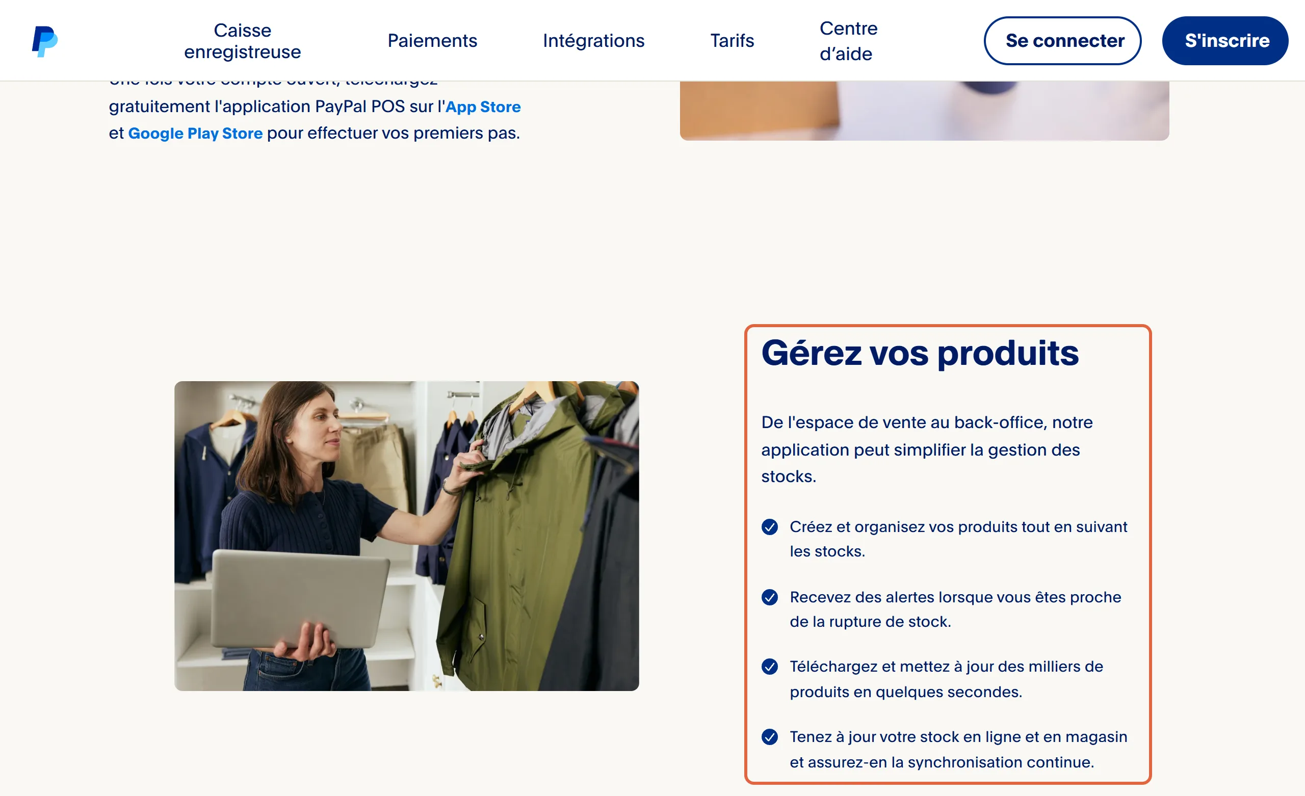 Page Caisse enregistreuse de PayPal POS : le bloc « Gérez vos produits » est encadré, avec le suivi des stocks, les alertes de rupture et la synchronisation en ligne et en magasin