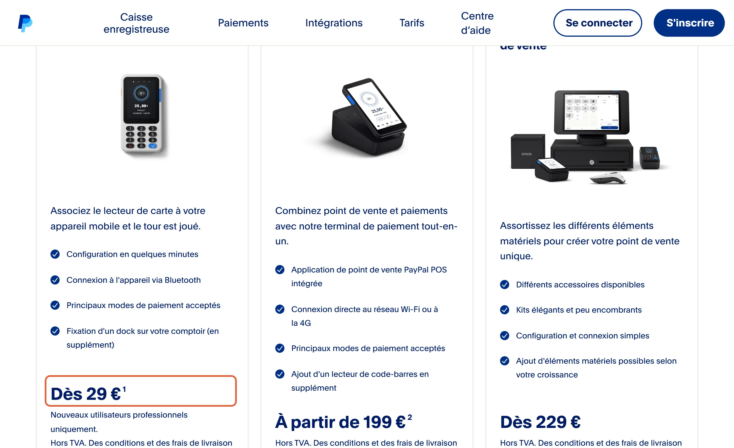 Page des tarifs de PayPal POS, ex-Zettle : le prix « Dès 29 € » du lecteur de carte est encadré sous la colonne Tarification du lecteur de carte