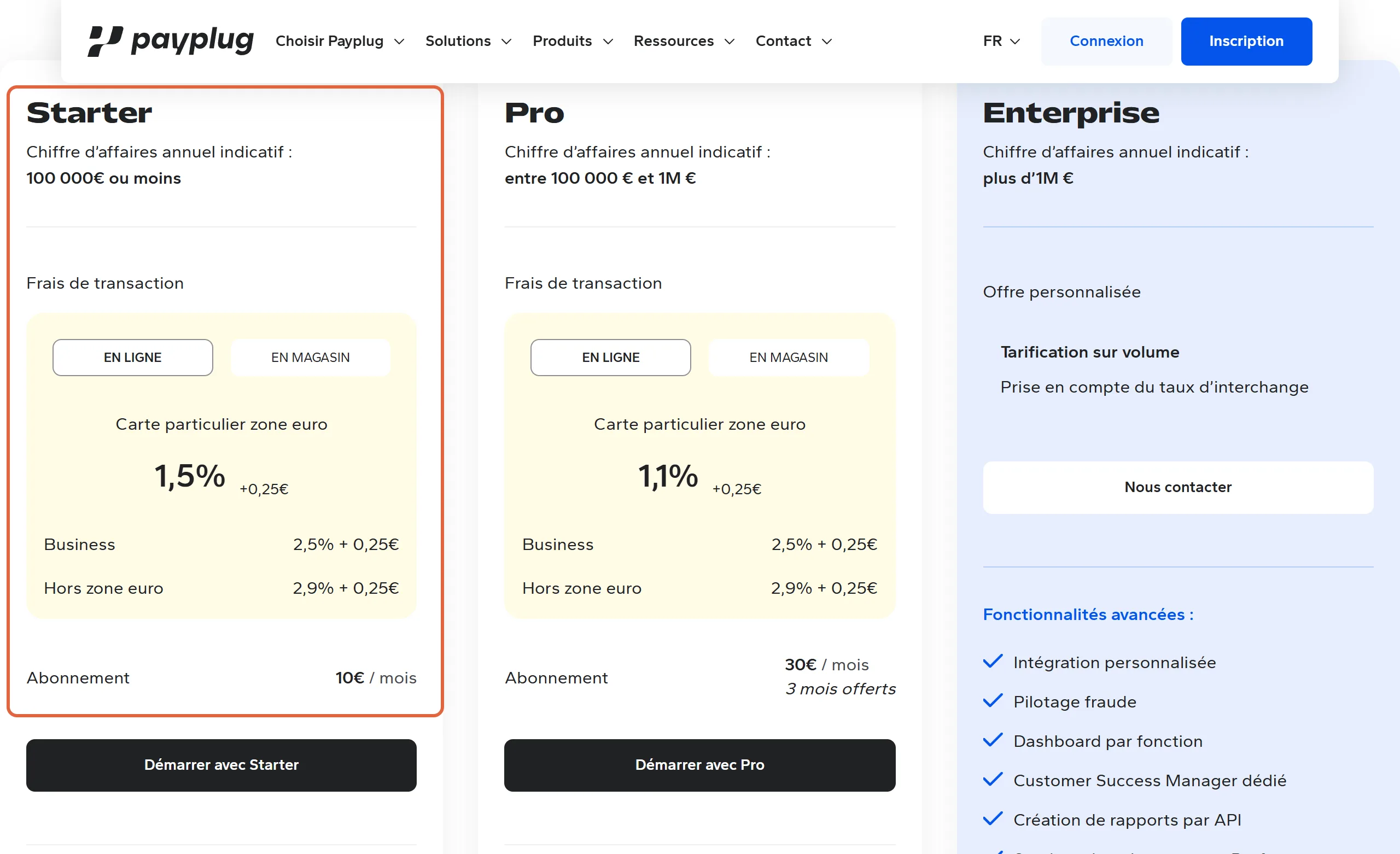 Page de tarifs de Payplug : la formule Starter est encadrée, 1,5 % + 0,25 € en ligne pour une carte de particulier de la zone euro et un abonnement de 10 € par mois