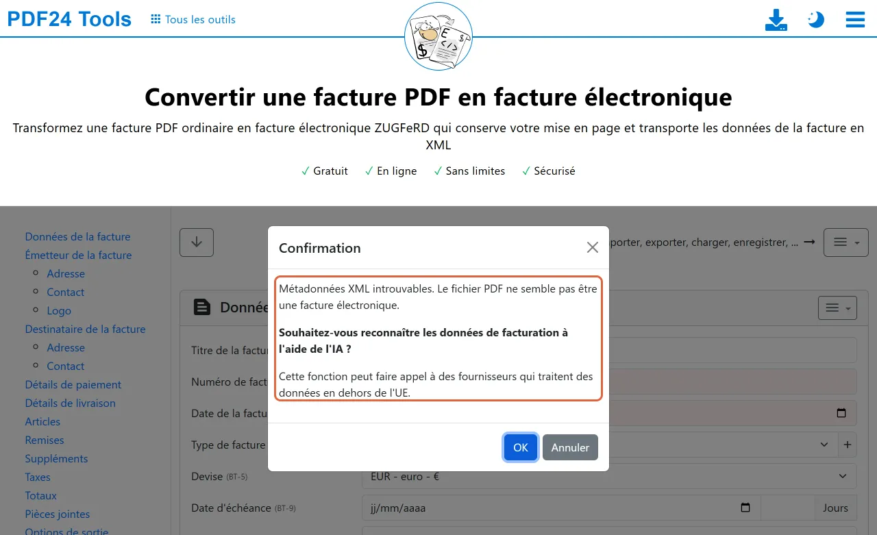Fenêtre de confirmation de PDF24 encadrée : le PDF ne semble pas être une facture électronique, reconnaissance des données par IA proposée, traitement possible en dehors de l'UE