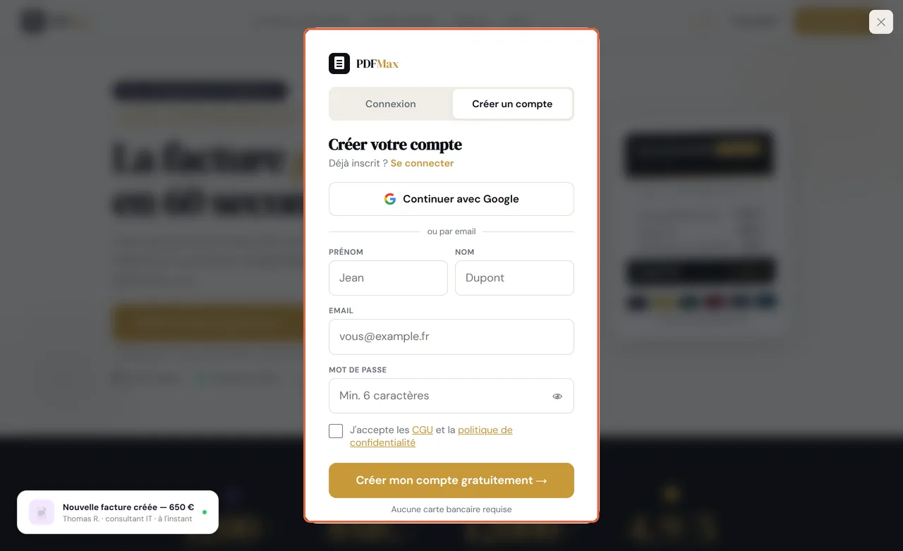 Fenêtre « Créer votre compte » de PDFMax, encadrée : prénom, nom, e-mail, mot de passe et bouton « Créer mon compte gratuitement »