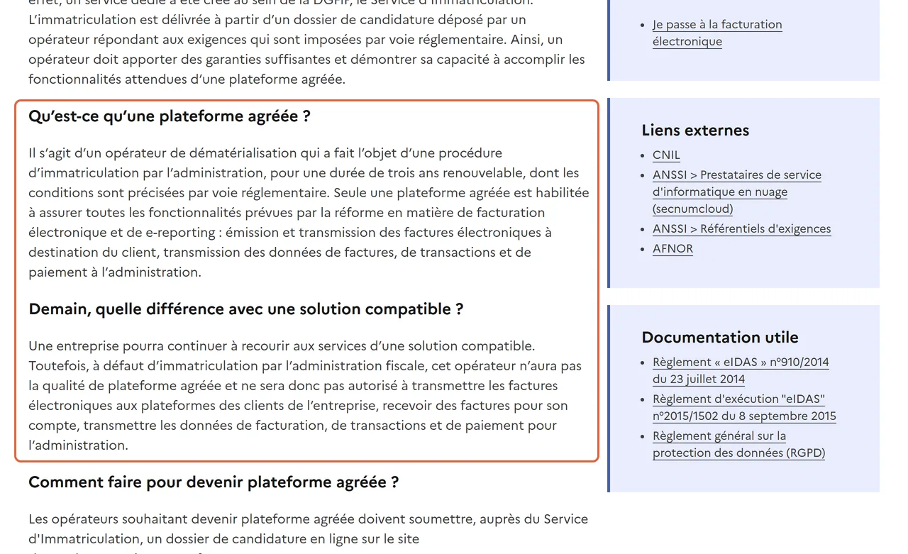 Page impots.gouv.fr sur les plateformes agréées, nouveau nom de la PDP de la facture électronique : la définition de la plateforme agréée et sa différence avec une solution compatible sont encadrées