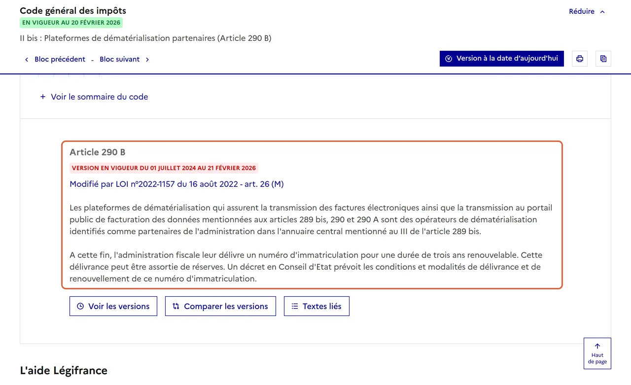 Article 290 B du Code général des impôts sur Légifrance, version en vigueur du 01/07/2024 au 21/02/2026 : le texte, qui parle de plateformes de dématérialisation et de portail public de facturation, est encadré