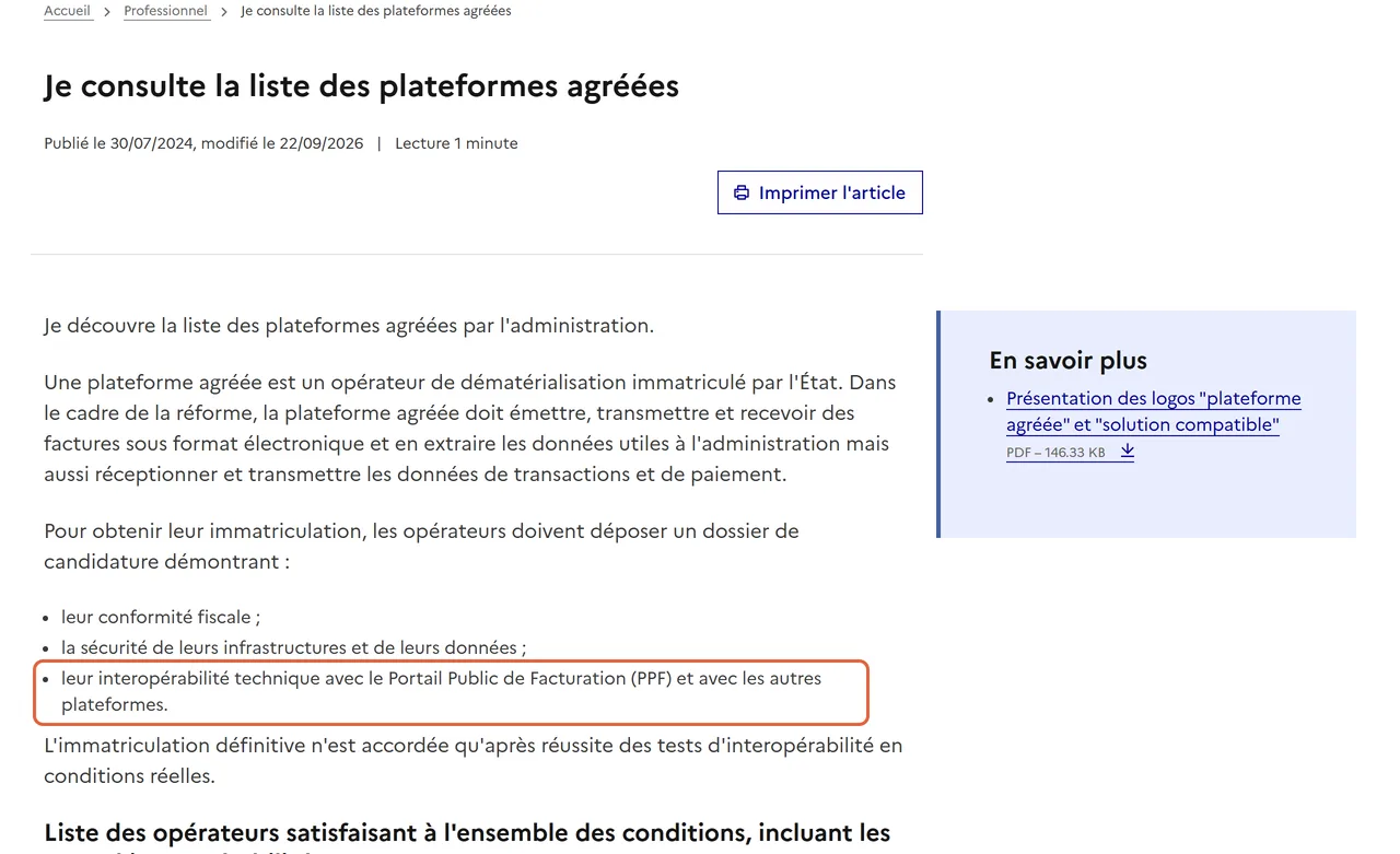 Page impots.gouv.fr « Je consulte la liste des plateformes agréées », modifiée le 22/09/2026 : la condition d’interopérabilité technique avec le Portail public de facturation (PPF) est encadrée