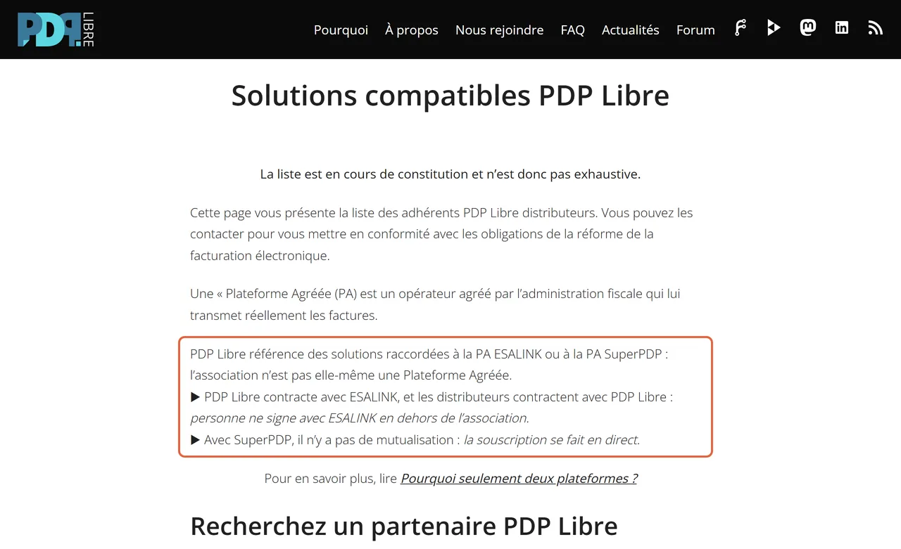 Page « Solutions compatibles PDP Libre » du site pdplibre.org : le paragraphe indiquant que l’association n’est pas elle-même une plateforme agréée et s’appuie sur ESALINK et SuperPDP est encadré