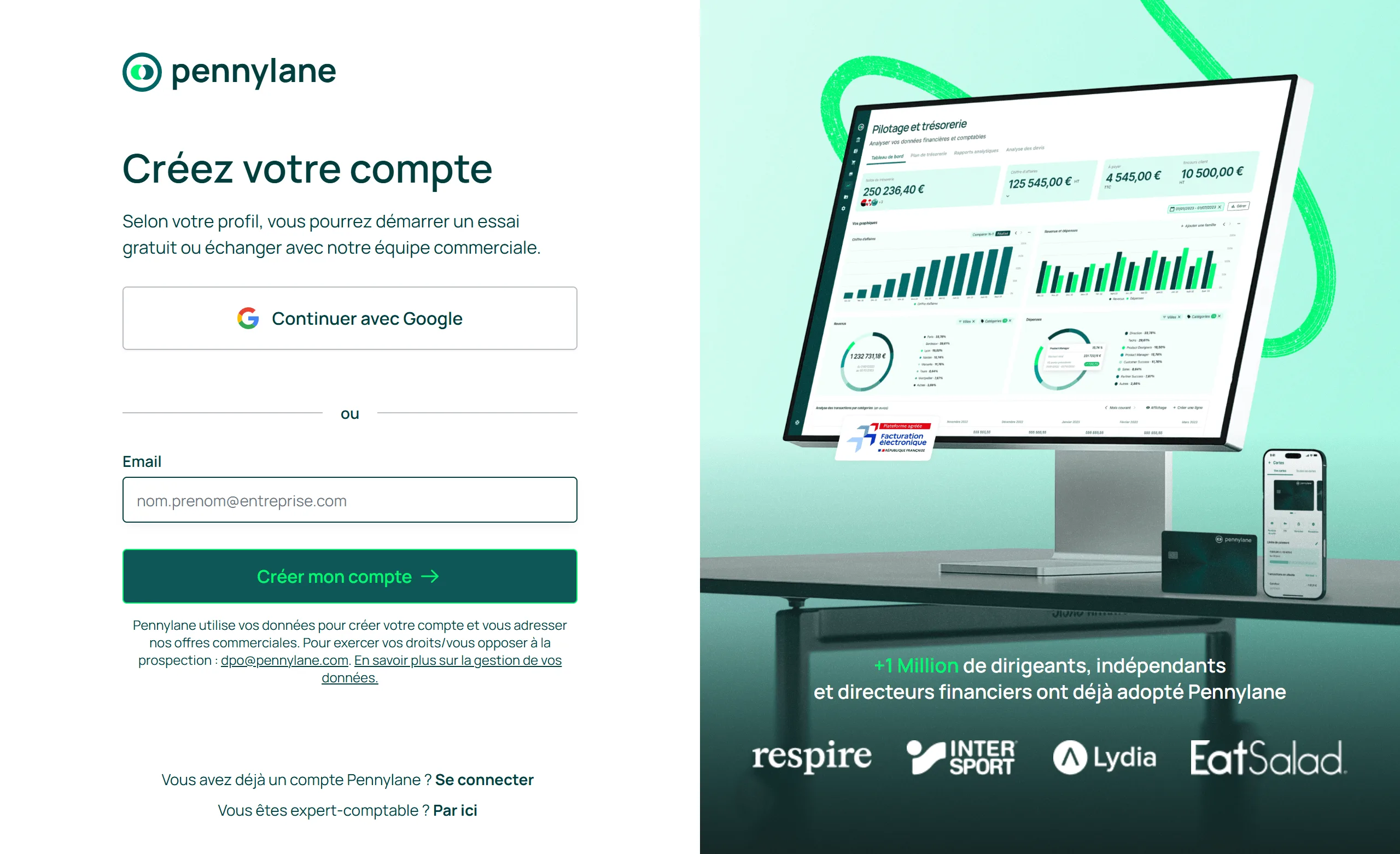 Première étape de l'inscription à Pennylane, Créez votre compte, avec le bouton Continuer avec Google, un champ e-mail et la phrase Selon votre profil, vous pourrez démarrer un essai gratuit ou échanger avec notre équipe commerciale