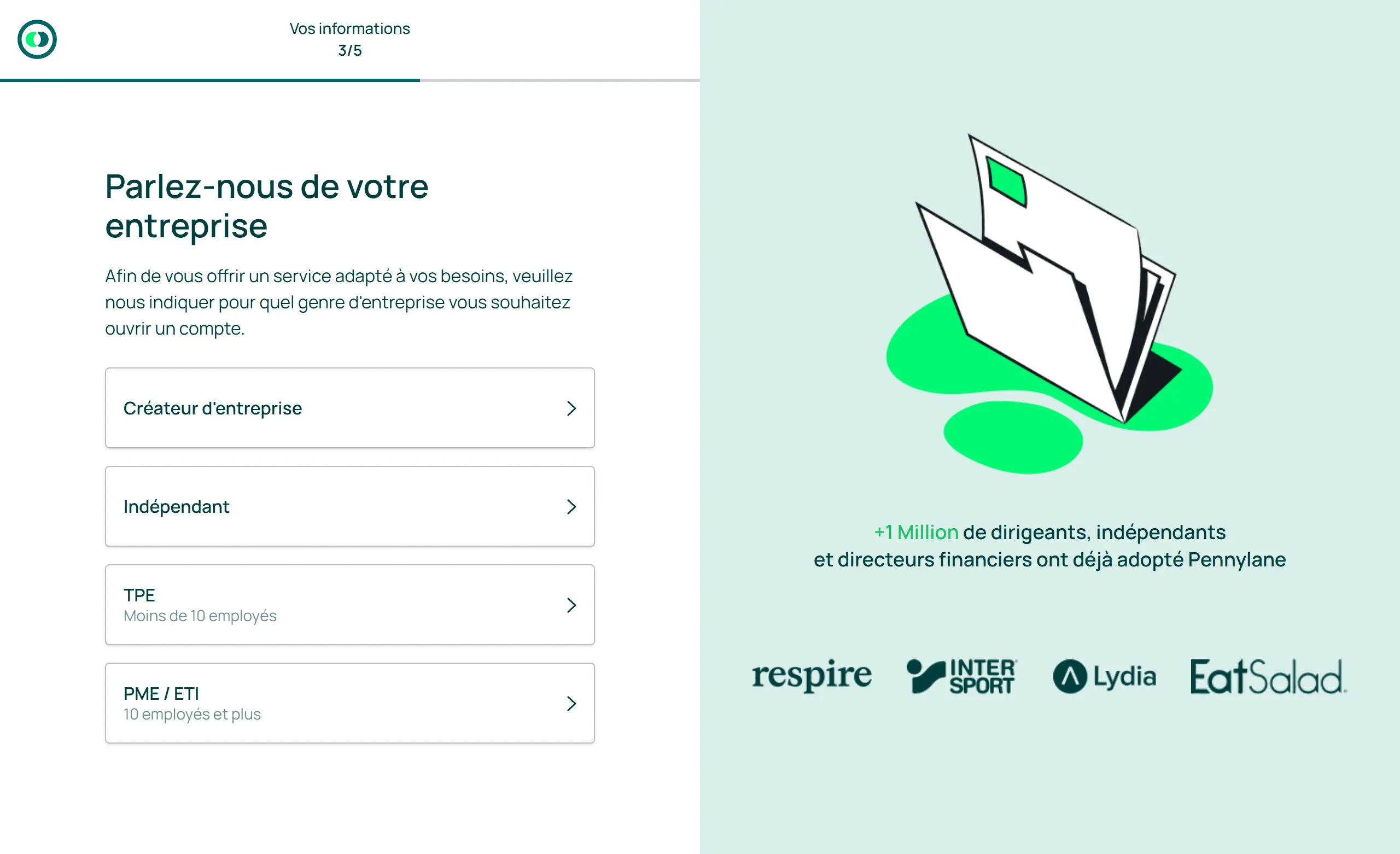 Étape 3 sur 5 de l'inscription à Pennylane, Parlez-nous de votre entreprise, avec quatre choix : Créateur d'entreprise, Indépendant, TPE de moins de 10 employés, PME ou ETI de 10 employés et plus