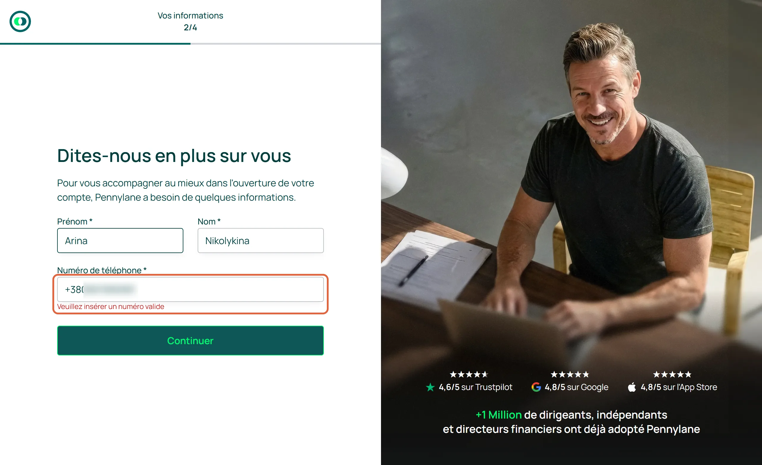 Étape 2 sur 4 de l'inscription à Pennylane, Dites-nous en plus sur vous, avec le champ du numéro de téléphone encadré et le message d'erreur Veuillez insérer un numéro valide sous un numéro commençant par +380