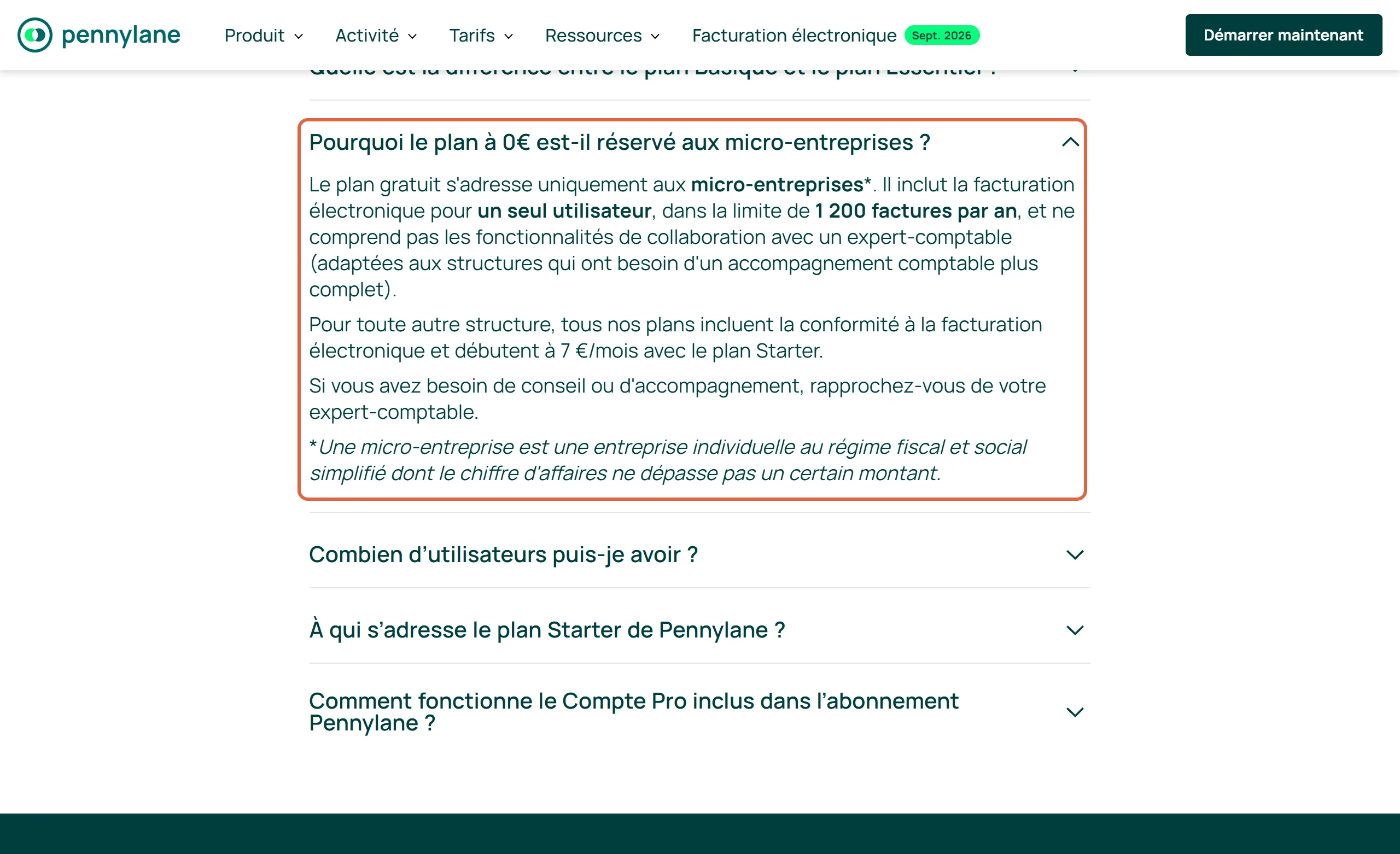 Foire aux questions de la page des tarifs de Pennylane avec la réponse encadrée à la question Pourquoi le plan à 0 € est-il réservé aux micro-entreprises : un seul utilisateur, limite de 1 200 factures par an, pas de collaboration avec un expert-comptable