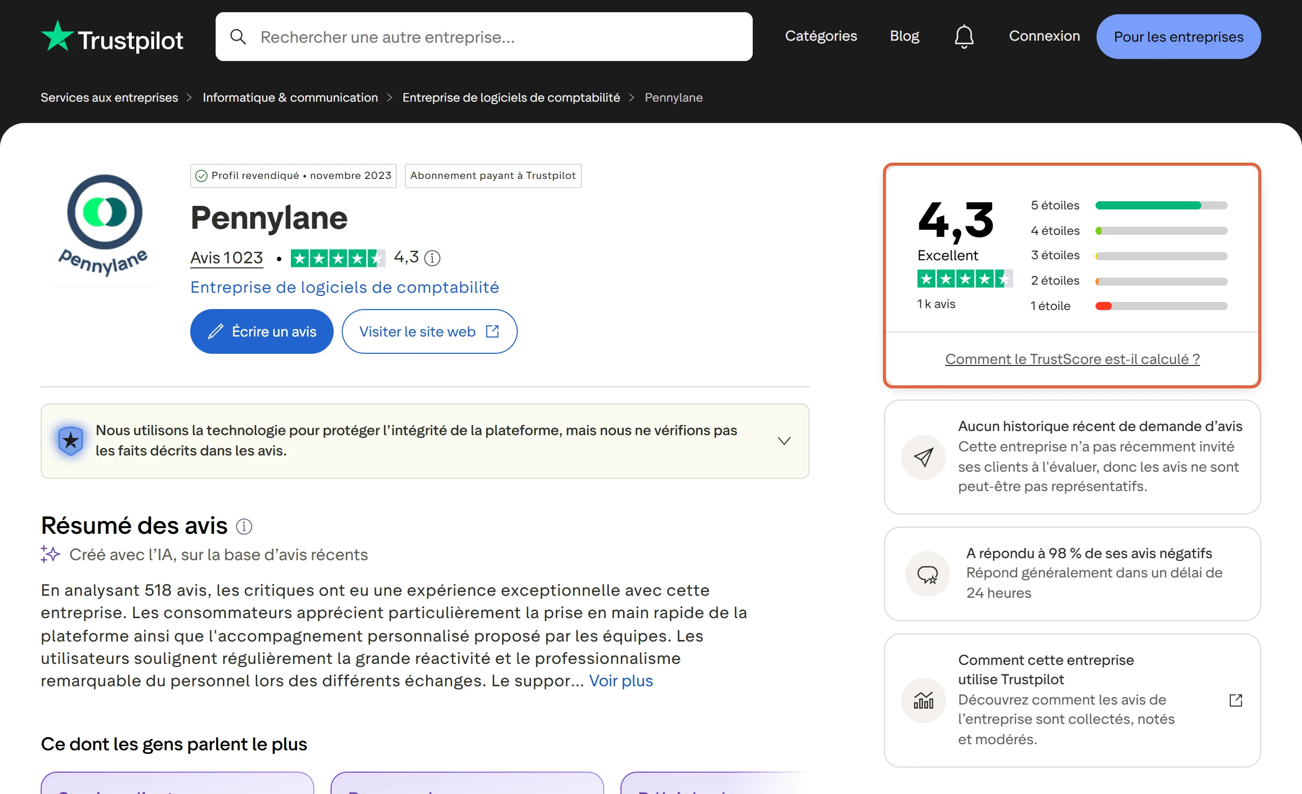 Page de Pennylane sur Trustpilot avec le bloc de la note encadré : 4,3, Excellent, 1 k avis, et la répartition de 5 étoiles à 1 étoile