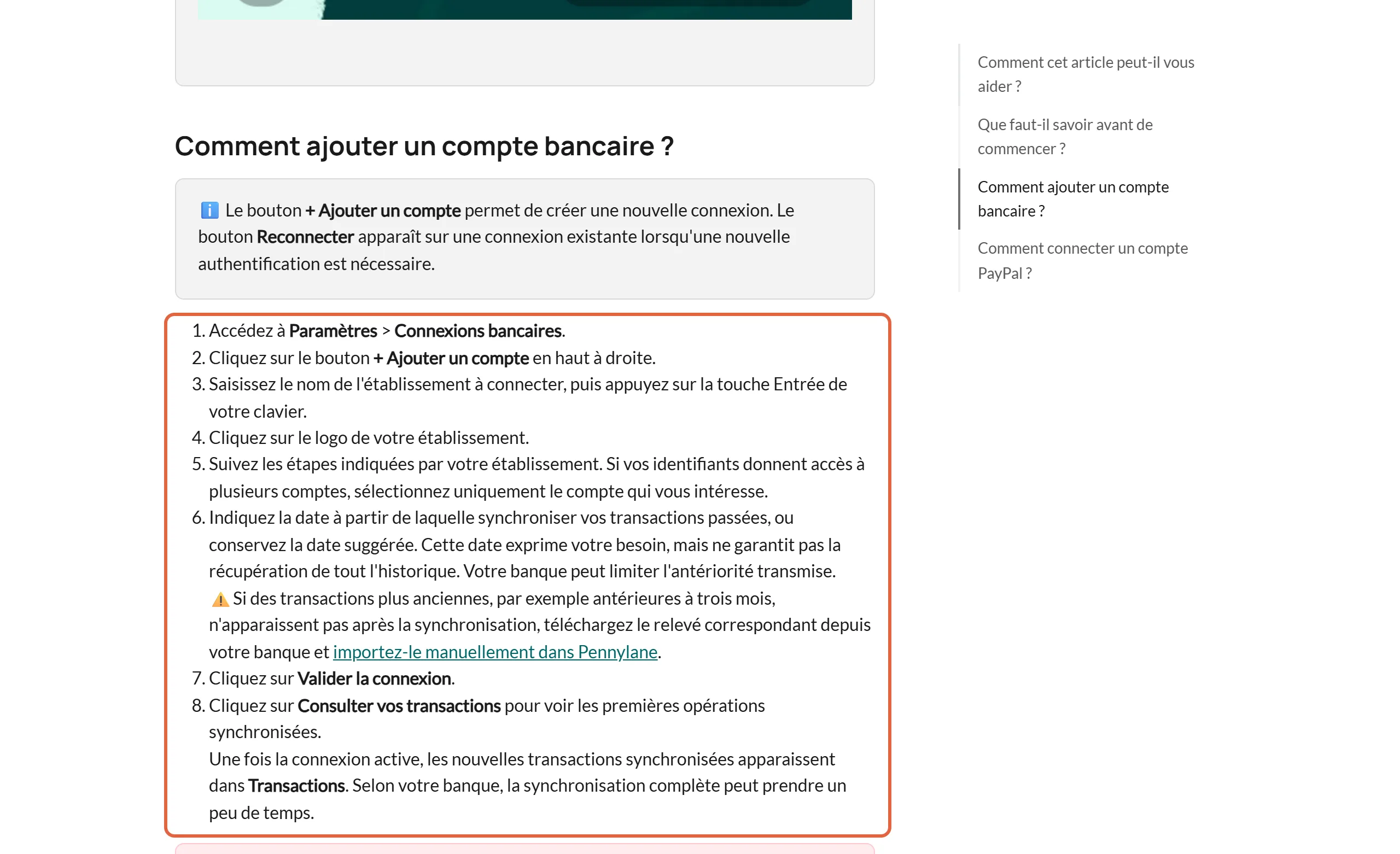 Article Connecter une banque du centre d'aide de Pennylane, section Comment ajouter un compte bancaire, avec la liste des huit étapes encadrée, de Paramètres, Connexions bancaires à Consulter vos transactions