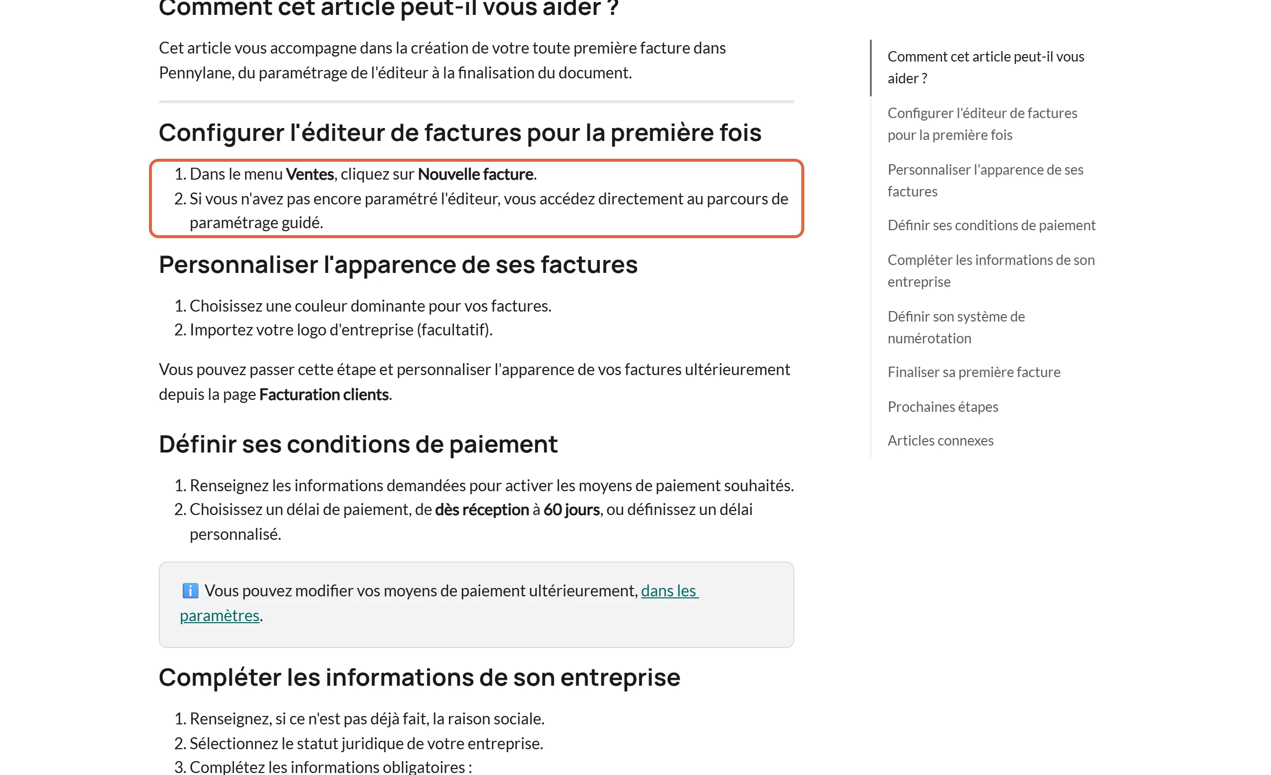 Article Créer sa première facture dans Pennylane du centre d'aide, avec les deux premières instructions encadrées : dans le menu Ventes, cliquez sur Nouvelle facture, puis le parcours de paramétrage guidé