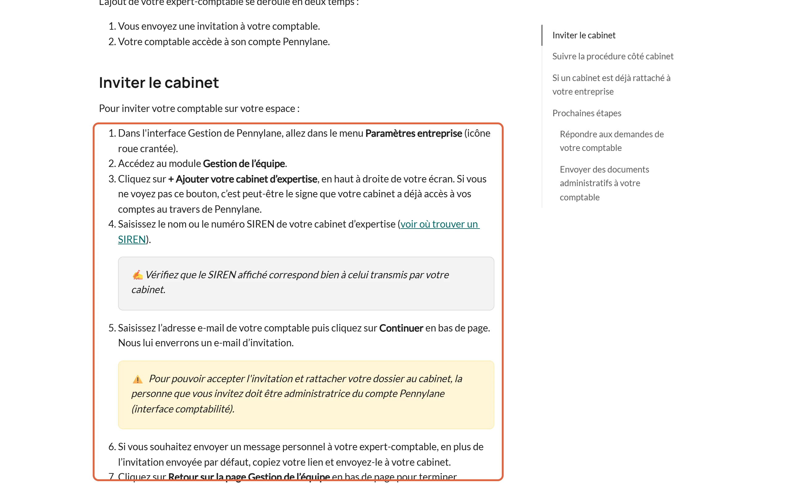 Article Créer un accès pour son expert-comptable du centre d'aide de Pennylane, section Inviter le cabinet, avec la liste des sept étapes encadrée, de Paramètres entreprise à l'envoi de l'invitation