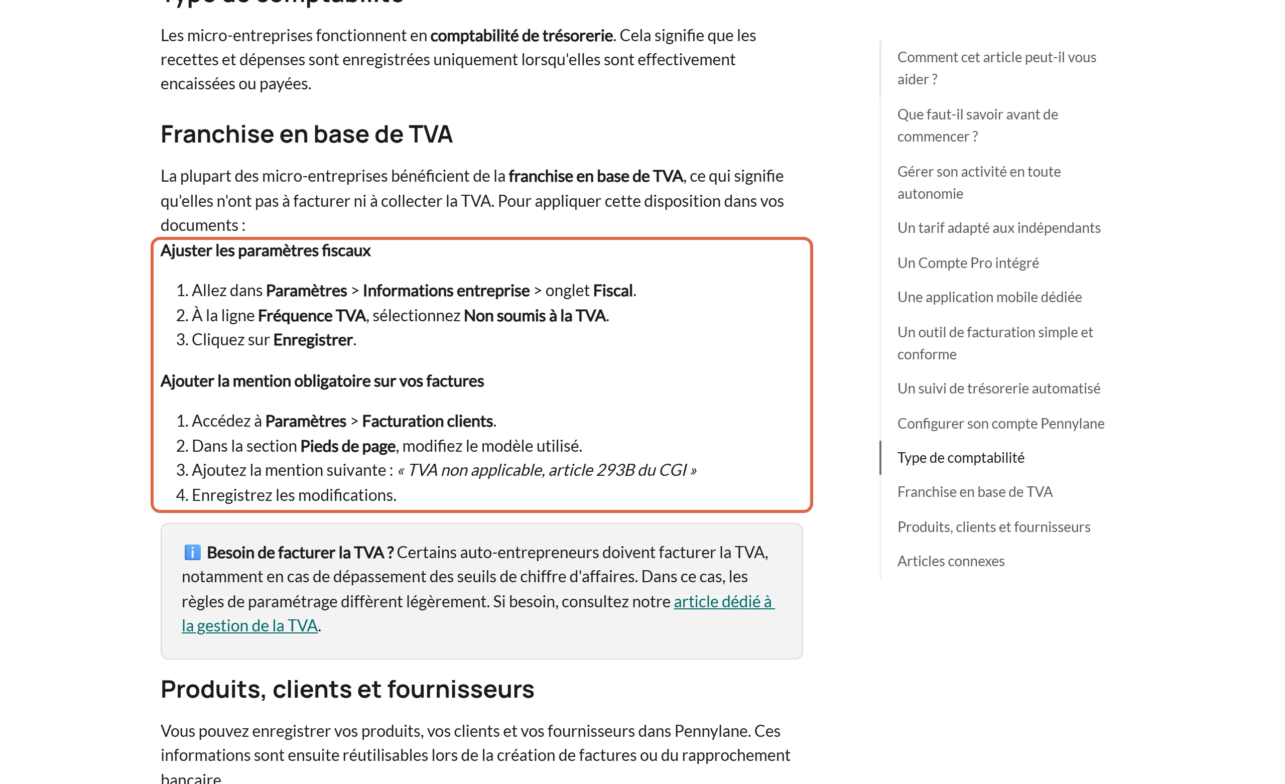 Article du centre d'aide de Pennylane sur l'auto-entreprise, section Franchise en base de TVA, avec les deux listes encadrées : ajuster les paramètres fiscaux et ajouter la mention obligatoire sur les factures