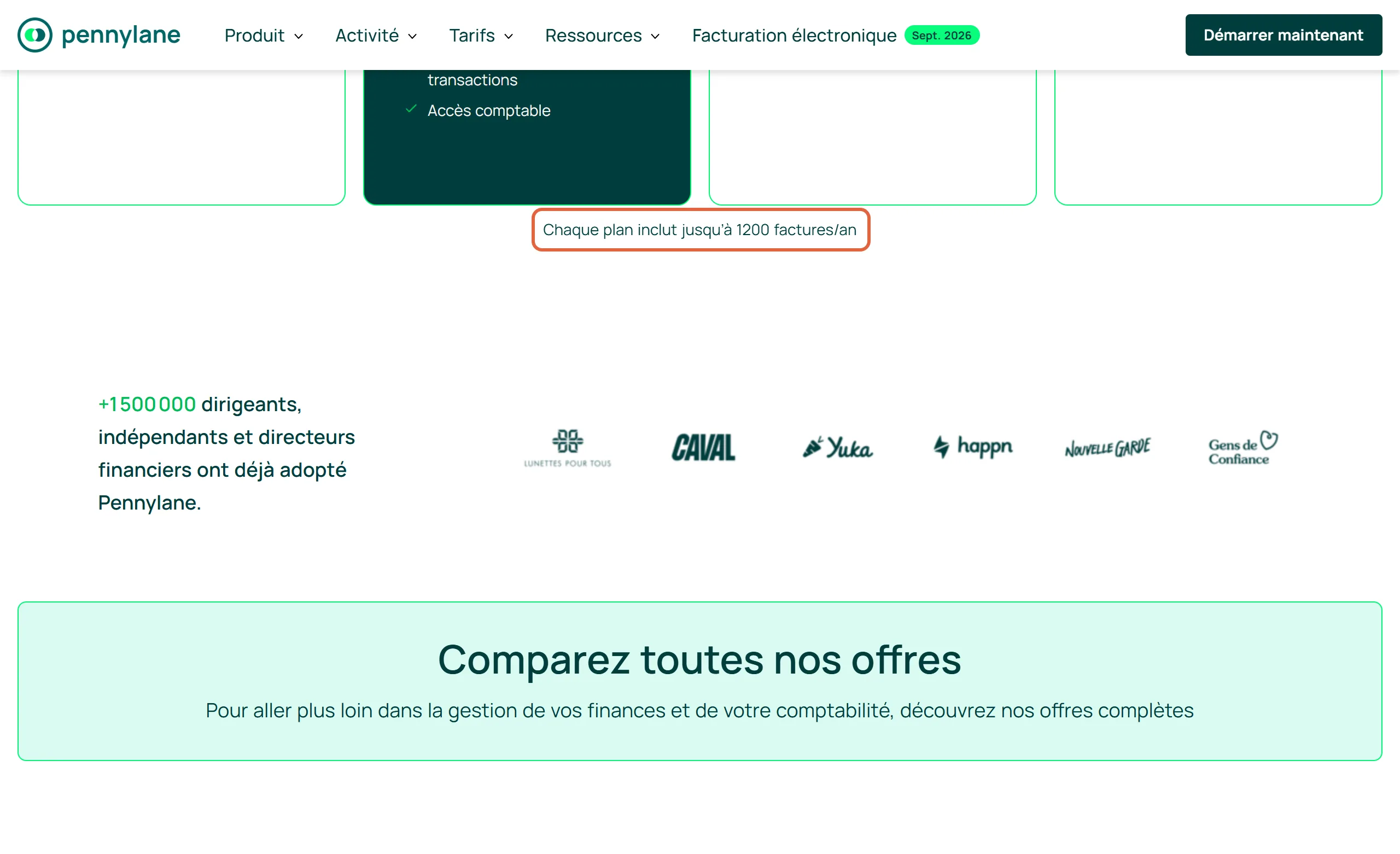 Page de tarifs de Pennylane, sous les cartes des plans : la ligne Chaque plan inclut jusqu'à 1200 factures par an est encadrée
