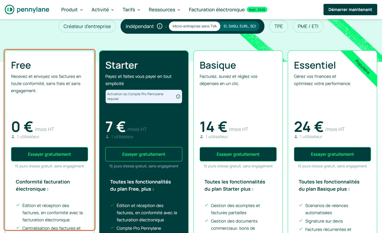 Page de tarifs de Pennylane, statut Micro-entreprise sans TVA : le plan Free à 0 € par mois HT pour 1 utilisateur est encadré, à côté de Starter, Basique et Essentiel