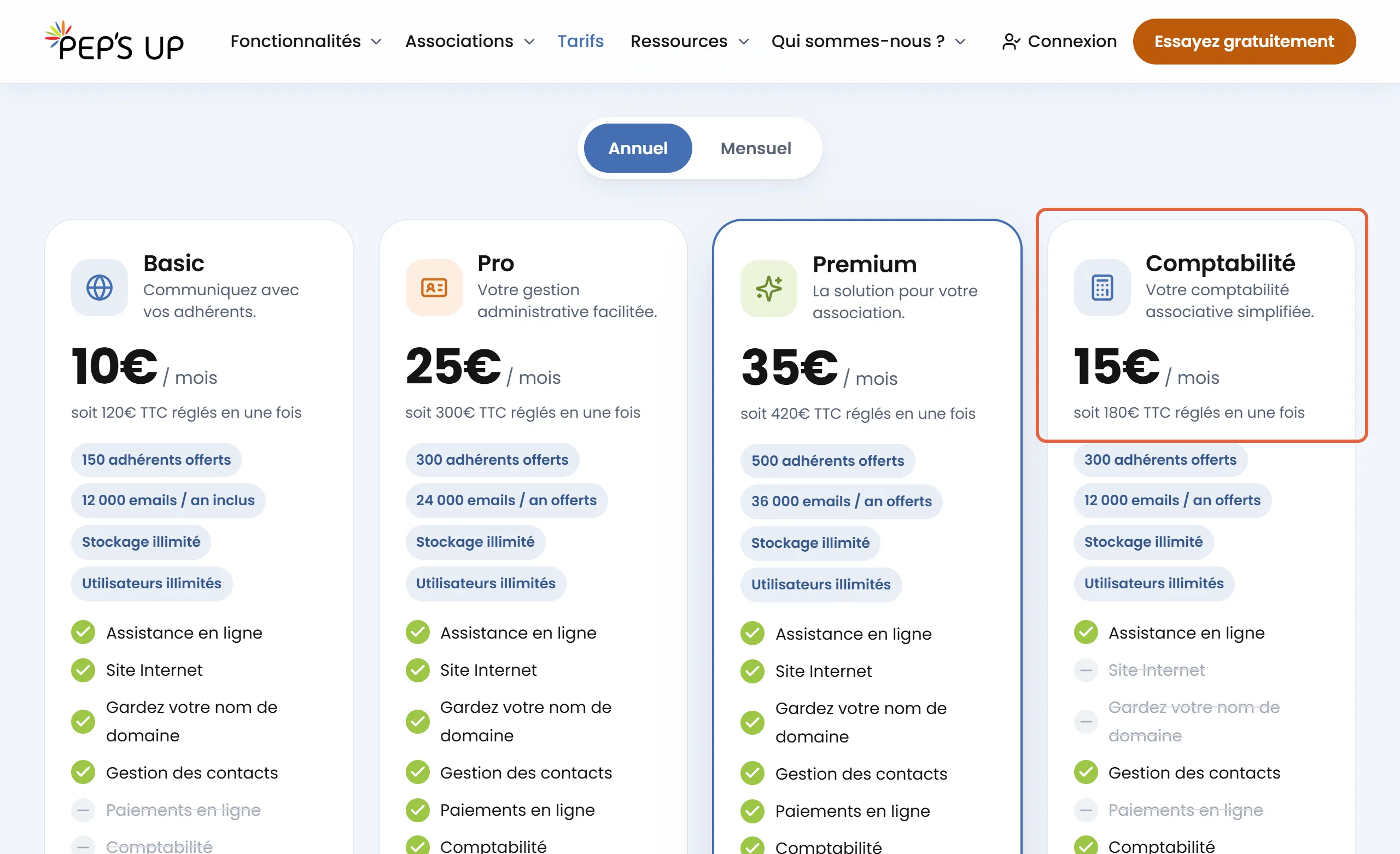 Page de tarifs de Pep's Up, option Annuel : la formule Comptabilité à 15 € par mois, soit 180 € TTC réglés en une fois, est encadrée à droite des formules Basic, Pro et Premium
