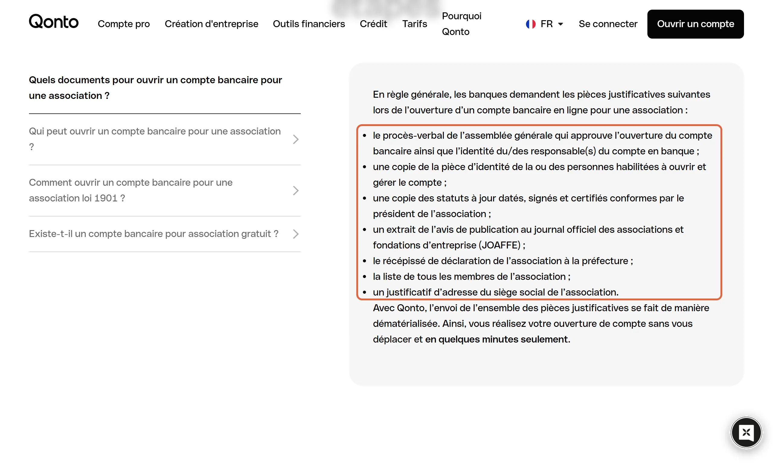 Liste des pièces pour ouvrir un compte bancaire pour une association sur le site de Qonto : procès-verbal d’assemblée générale, pièces d’identité, statuts certifiés, avis de publication au JOAFE, récépissé de préfecture, liste des membres et justificatif d’adresse, encadrés