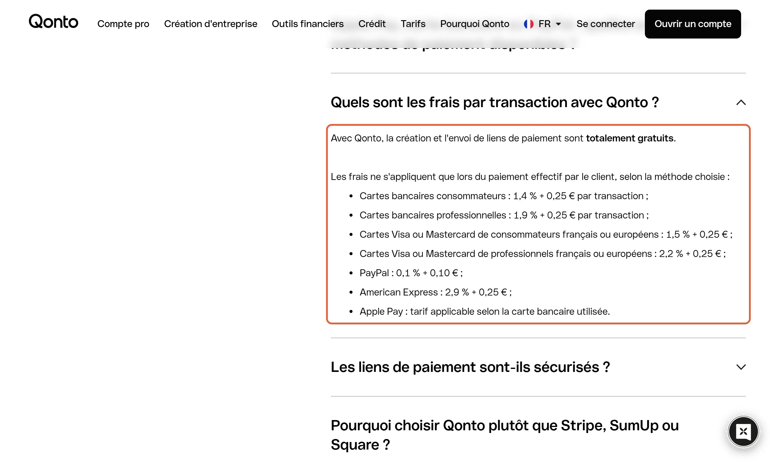 Page des liens de paiement de Qonto, question « Quels sont les frais par transaction » ouverte : la liste des frais est encadrée, de 1,4 % + 0,25 € pour les cartes bancaires de consommateurs à 2,9 % + 0,25 € pour American Express