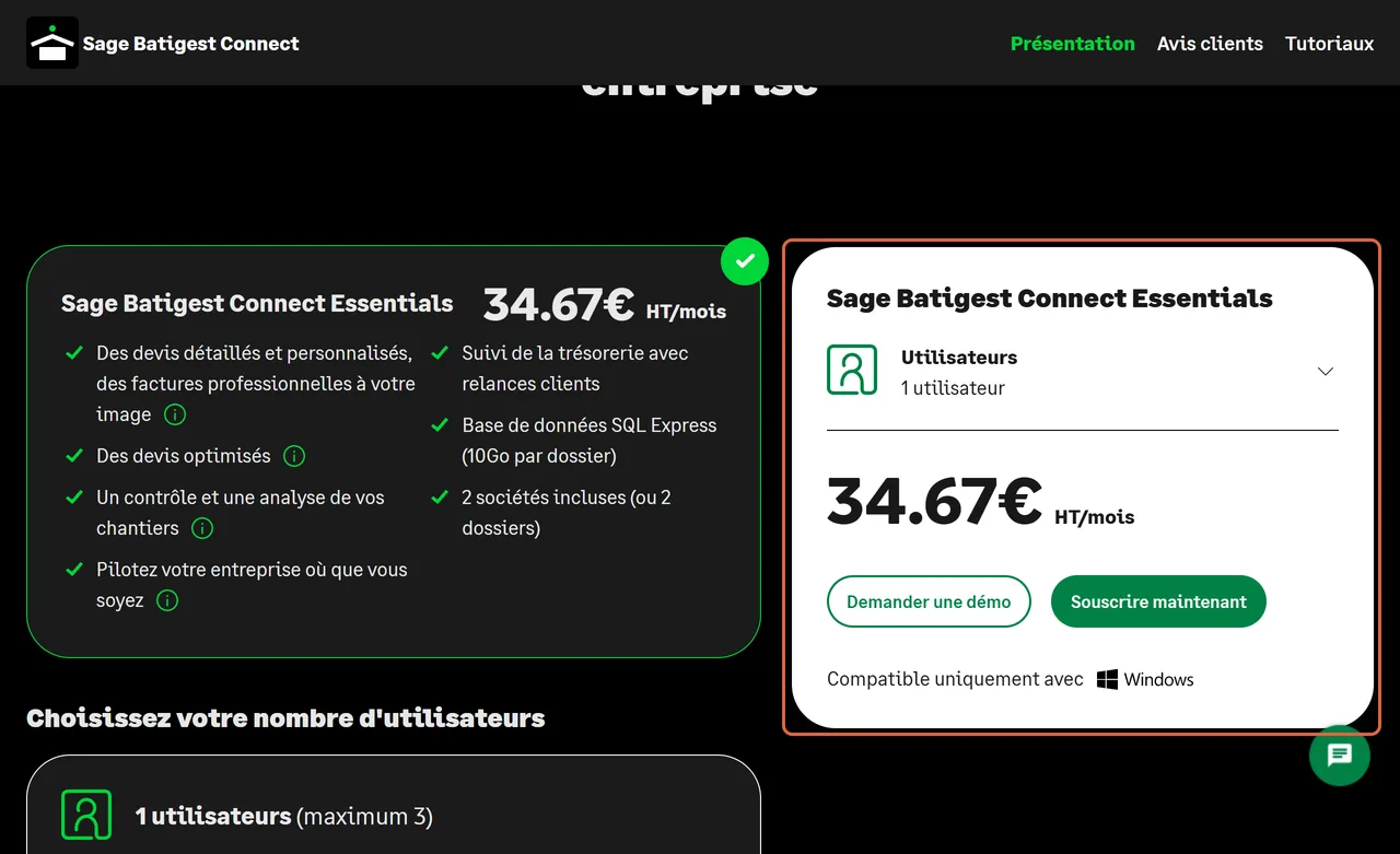 Boutique officielle de Sage : la carte Sage Batigest Connect Essentials à 34,67 € HT par mois pour un utilisateur, compatible uniquement avec Windows, est encadrée