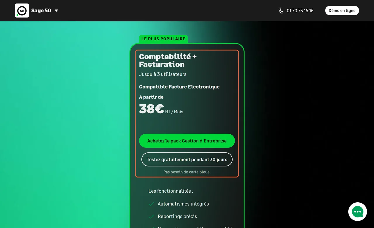 Page de Sage 50 : le pack Comptabilité + Facturation, jusqu’à 3 utilisateurs, à partir de 38 € HT par mois avec 30 jours d’essai, est encadré