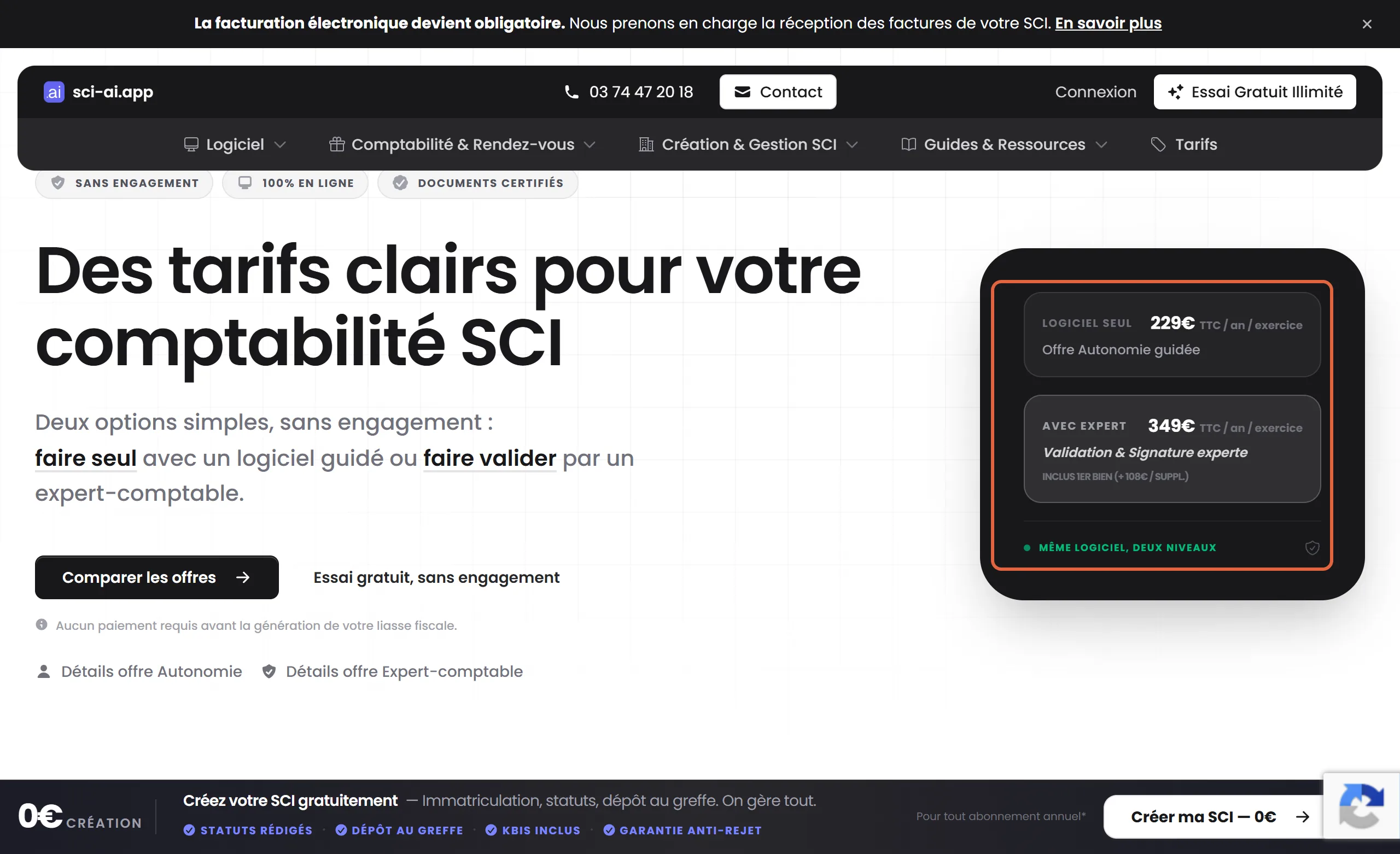 Page « Tarifs et offres » de SCI AI, logiciel de comptabilité pour SCI : l’encadré à droite montre l’offre Autonomie à 229 € TTC par an et par exercice et l’offre avec expert à 349 € TTC