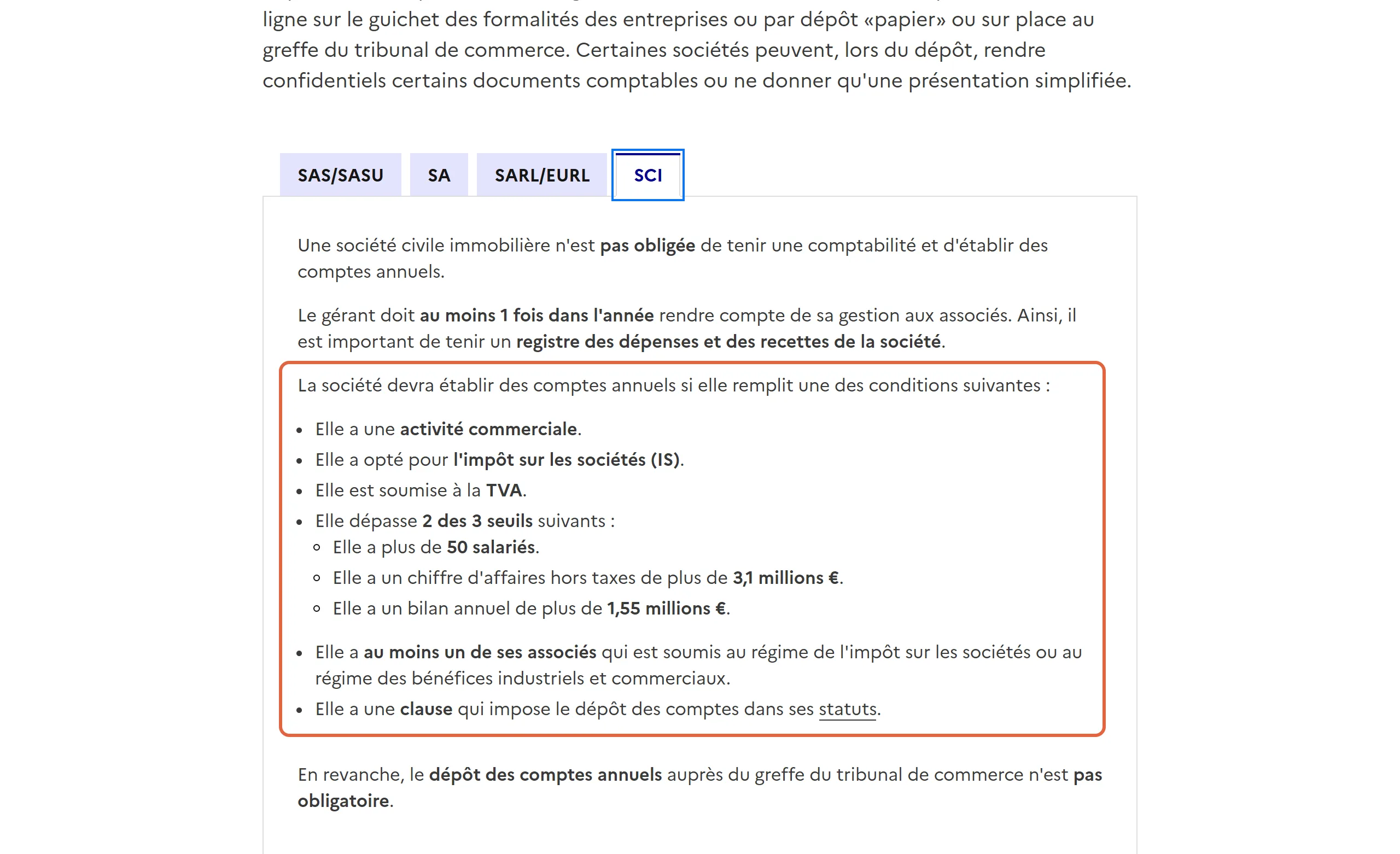 Fiche d’Entreprendre Service Public consultée avant de choisir un logiciel de comptabilité SCI, onglet SCI : la liste des conditions qui obligent une SCI à établir des comptes annuels est encadrée