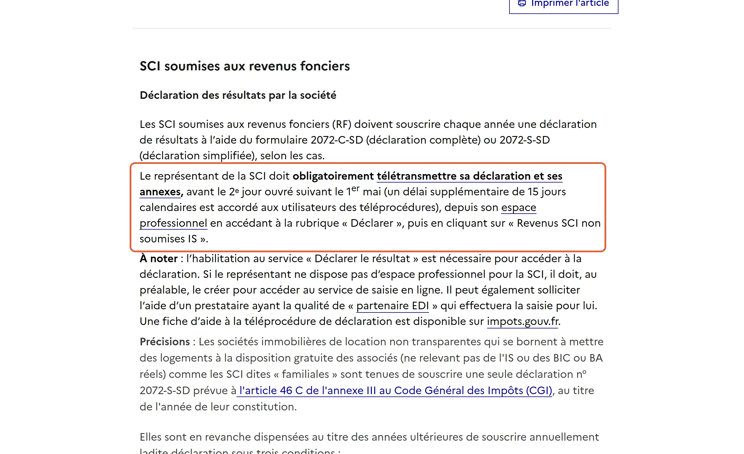 Page d’impots.gouv.fr « Comment déclarer les résultats de ma société civile immobilière (SCI) ? » : le paragraphe encadré impose de télétransmettre la déclaration depuis l’espace professionnel, rubrique « Revenus SCI non soumises IS »