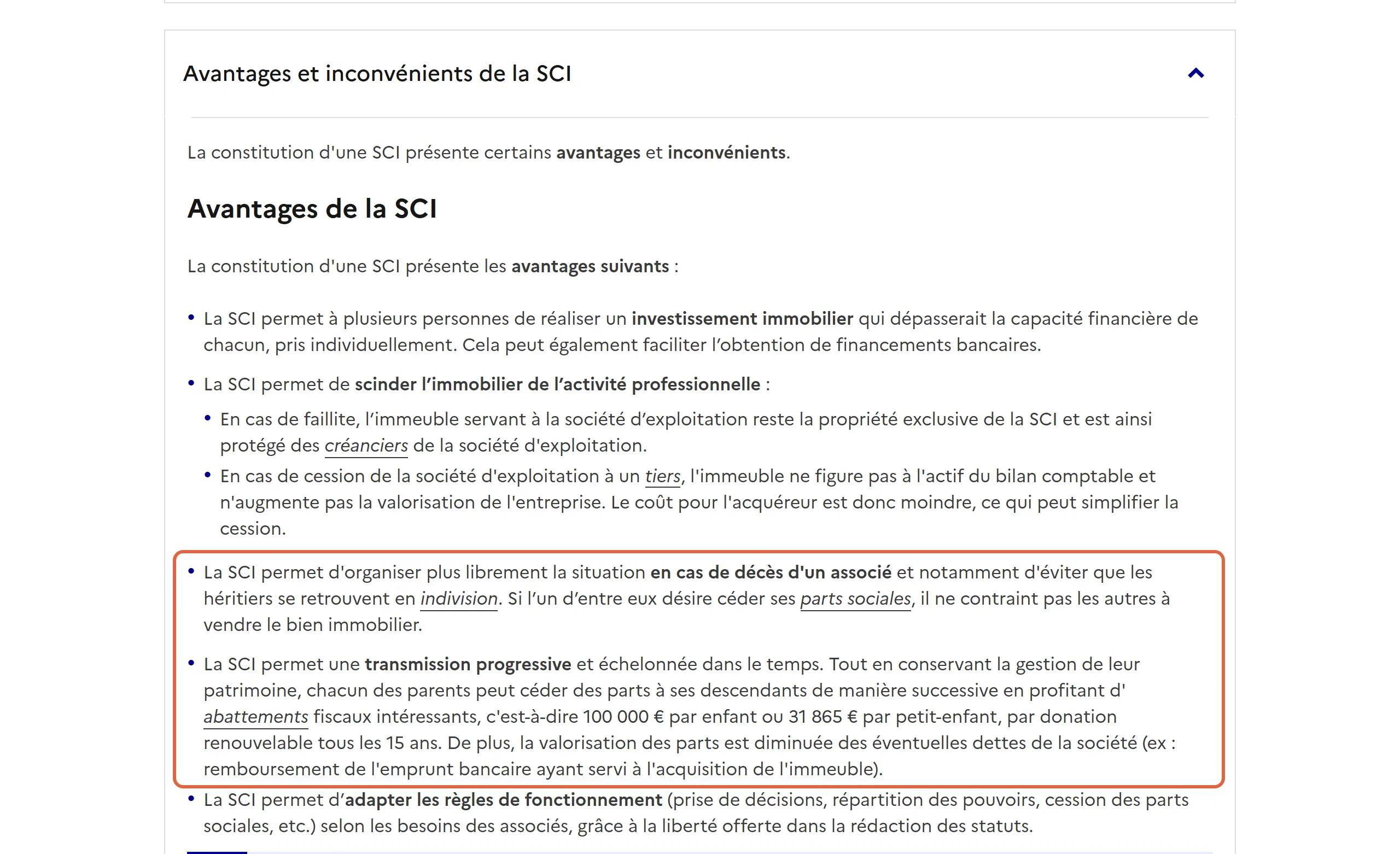 Fiche de Service Public sur justice.fr pour créer une SCI familiale : les deux points encadrés expliquent que la SCI évite l’indivision au décès d’un associé et permet de donner des parts aux enfants avec un abattement de 100 000 € par enfant tous les 15 ans