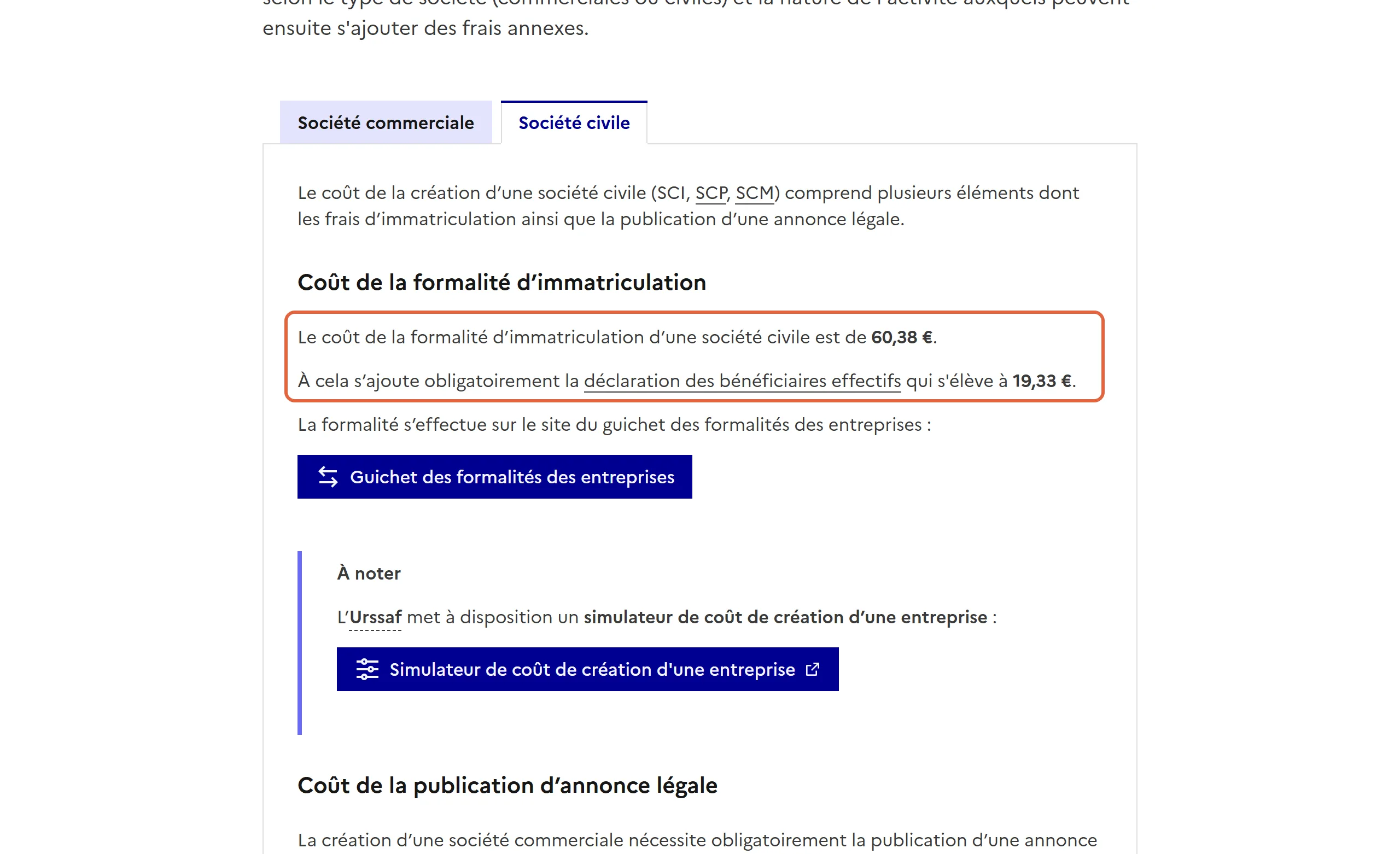Fiche de Service Public sur le coût de création d’une société, onglet société civile : les lignes encadrées donnent 60,38 € pour l’immatriculation et 19,33 € pour la déclaration des bénéficiaires effectifs