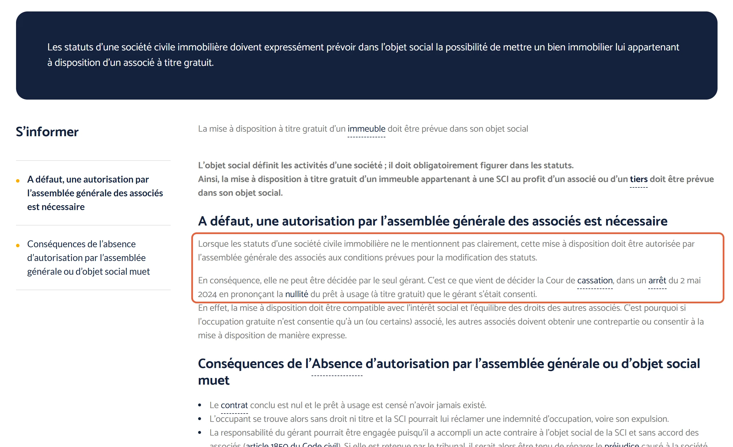 Article de notaires.fr sur l’occupation à titre gratuit d’un bien de SCI : les deux paragraphes encadrés exigent une autorisation de l’assemblée quand les statuts sont muets et citent l’arrêt de la Cour de cassation du 2 mai 2024